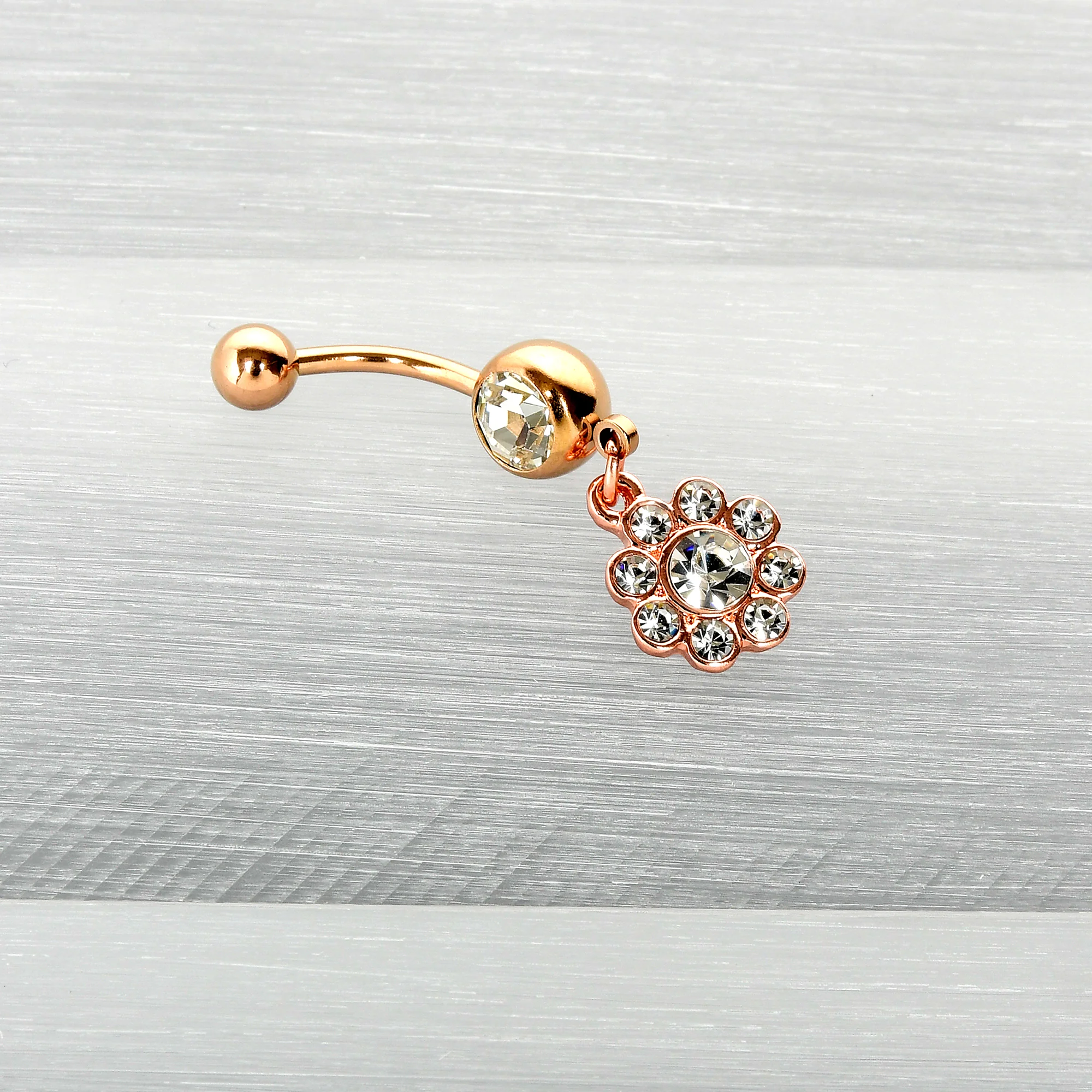 Clear Gem Rose Gold Tone Whimsy Flower Dangle Belly Ring - Image 6
