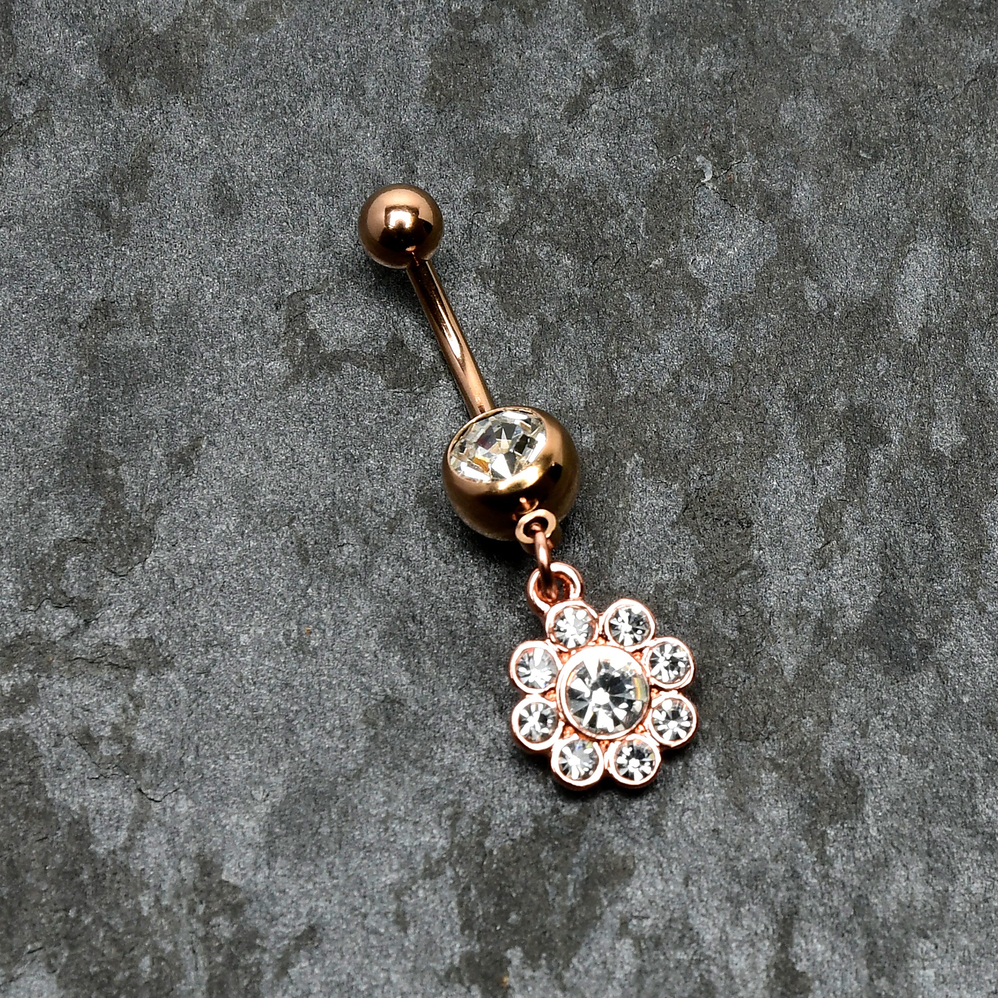 Clear Gem Rose Gold Tone Whimsy Flower Dangle Belly Ring - Image 7