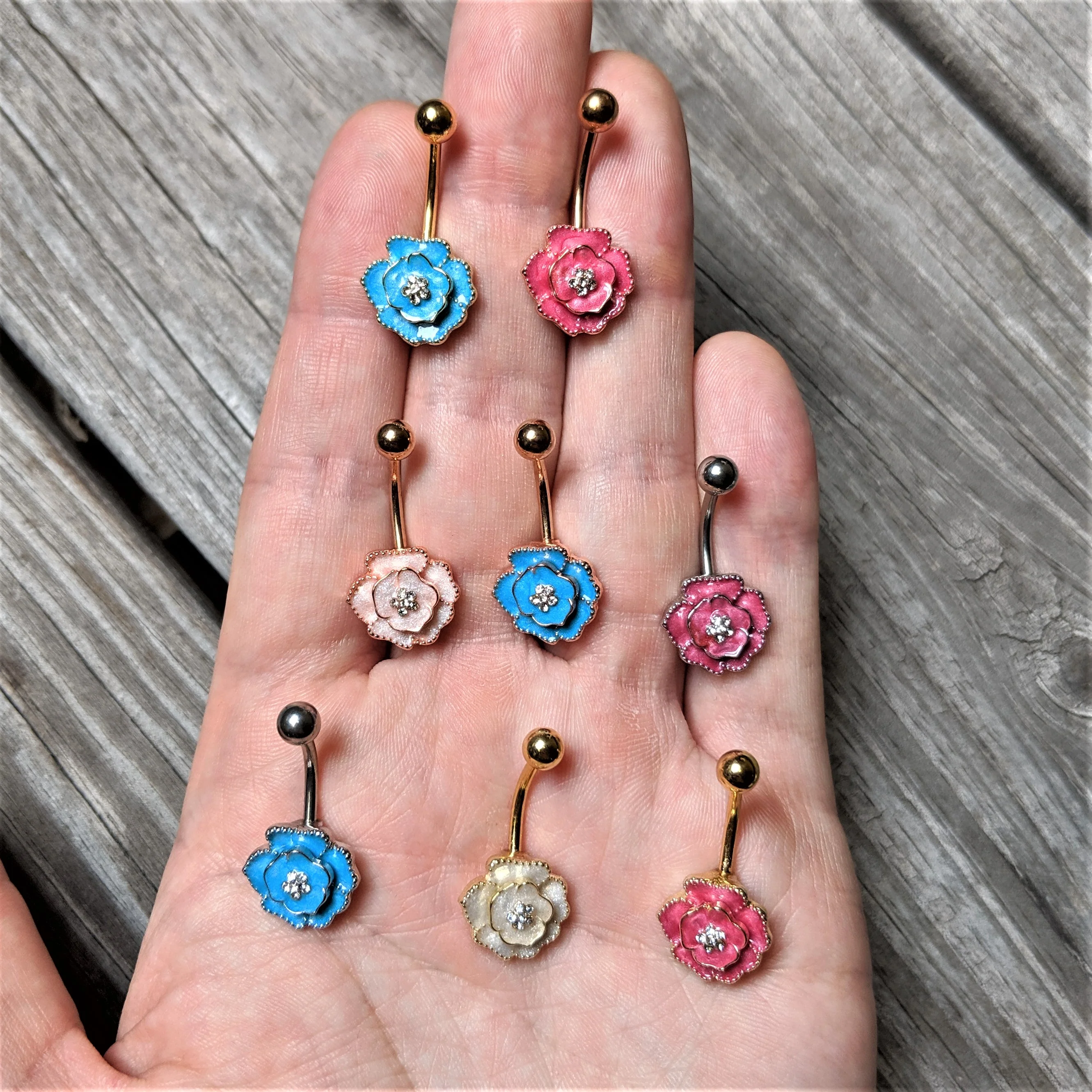 Clear Gem Rose Gold Tone White Rose Reversible Belly Ring - Image 2