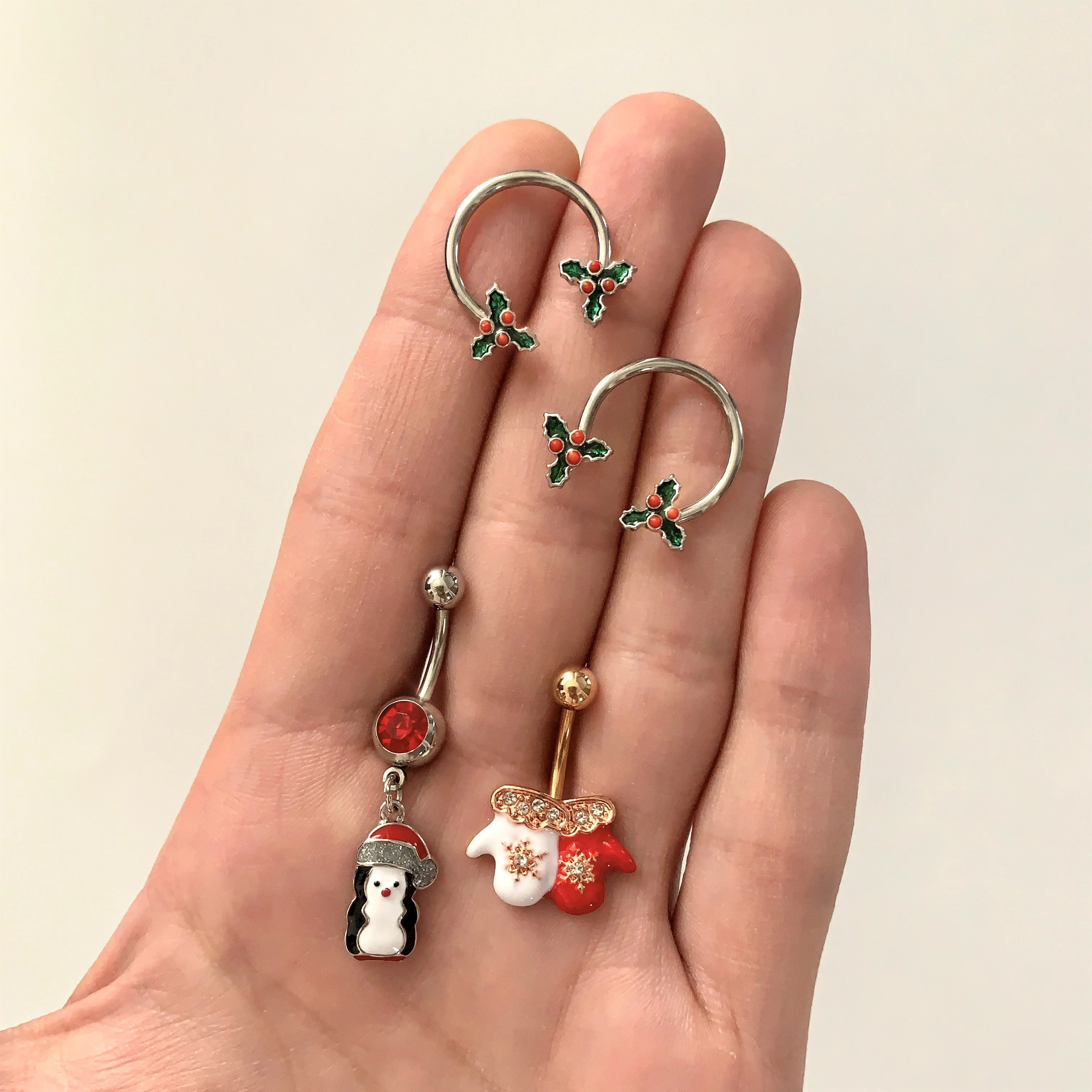 Clear Gem Rose Gold Tone Winter Mittens Snowflake Christmas Belly Ring - Image 2