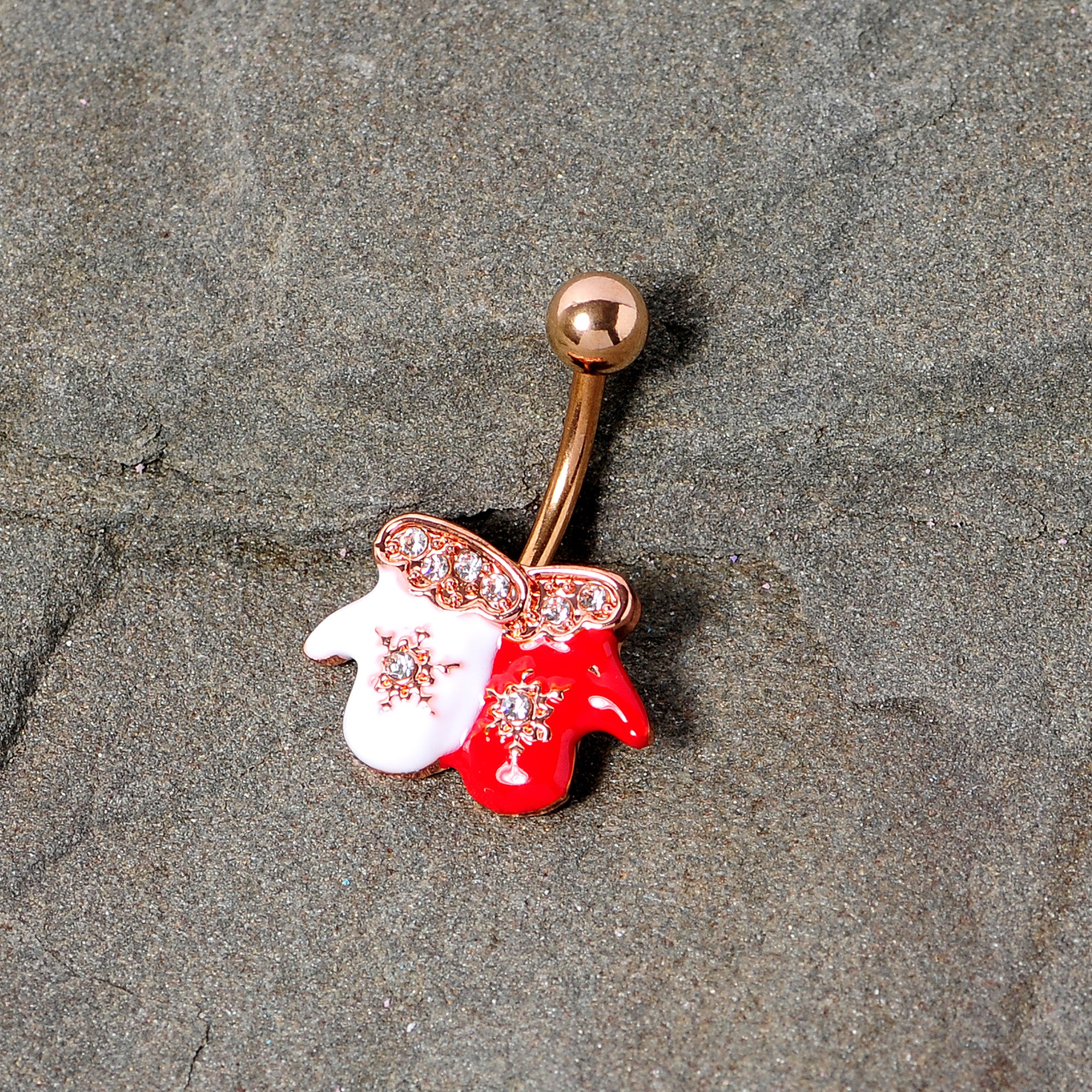 Clear Gem Rose Gold Tone Winter Mittens Snowflake Christmas Belly Ring - Image 3