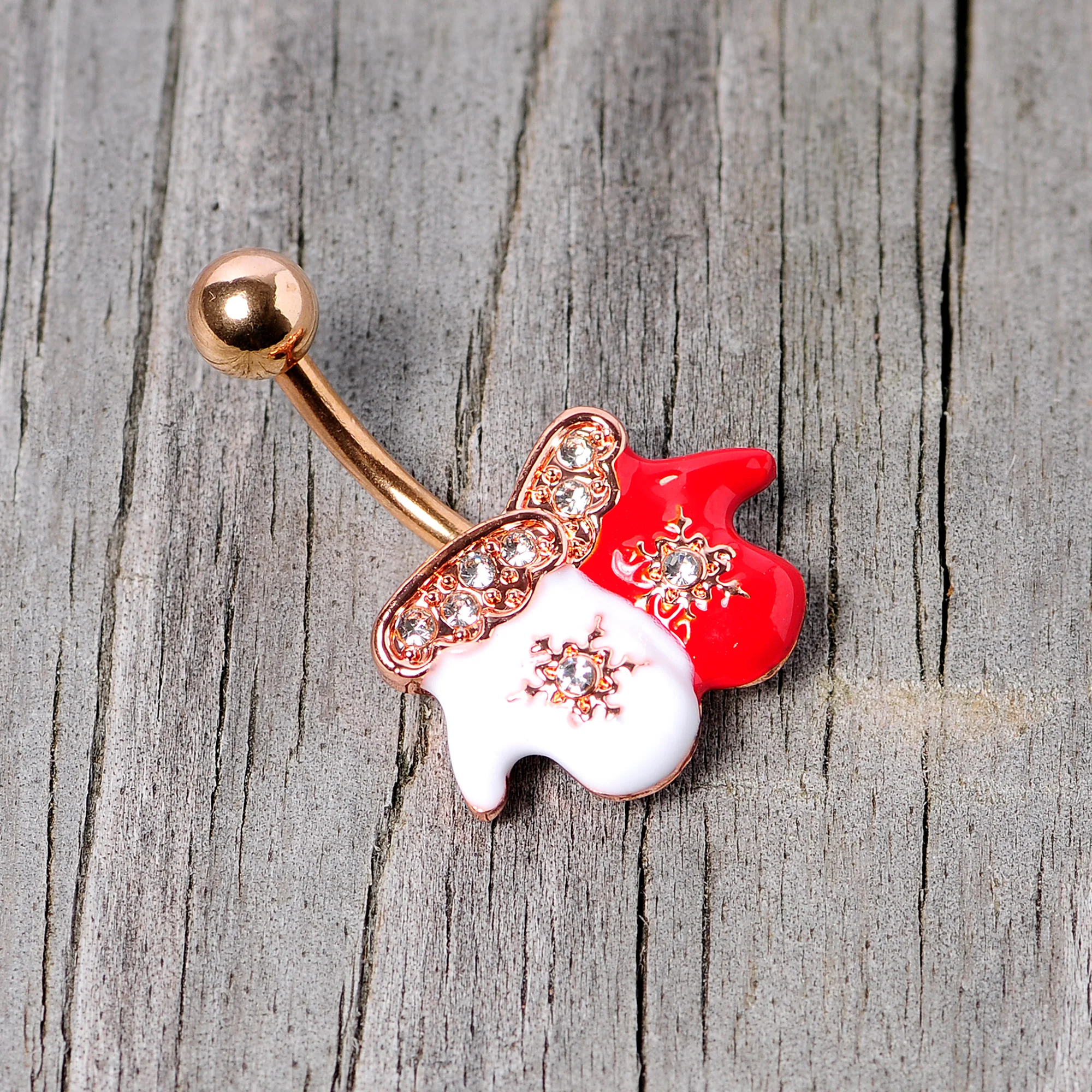 Clear Gem Rose Gold Tone Winter Mittens Snowflake Christmas Belly Ring - Image 4