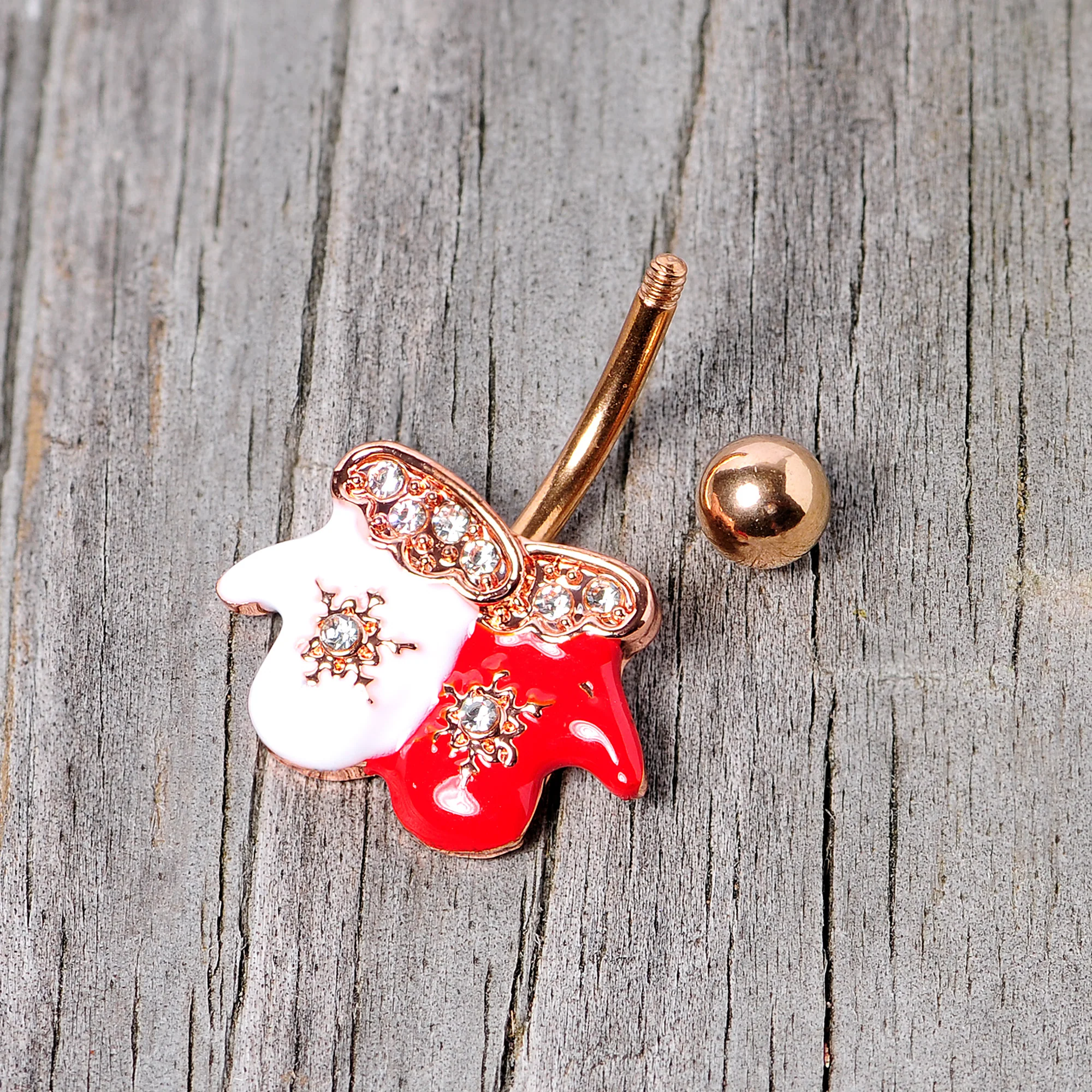 Clear Gem Rose Gold Tone Winter Mittens Snowflake Christmas Belly Ring - Image 5