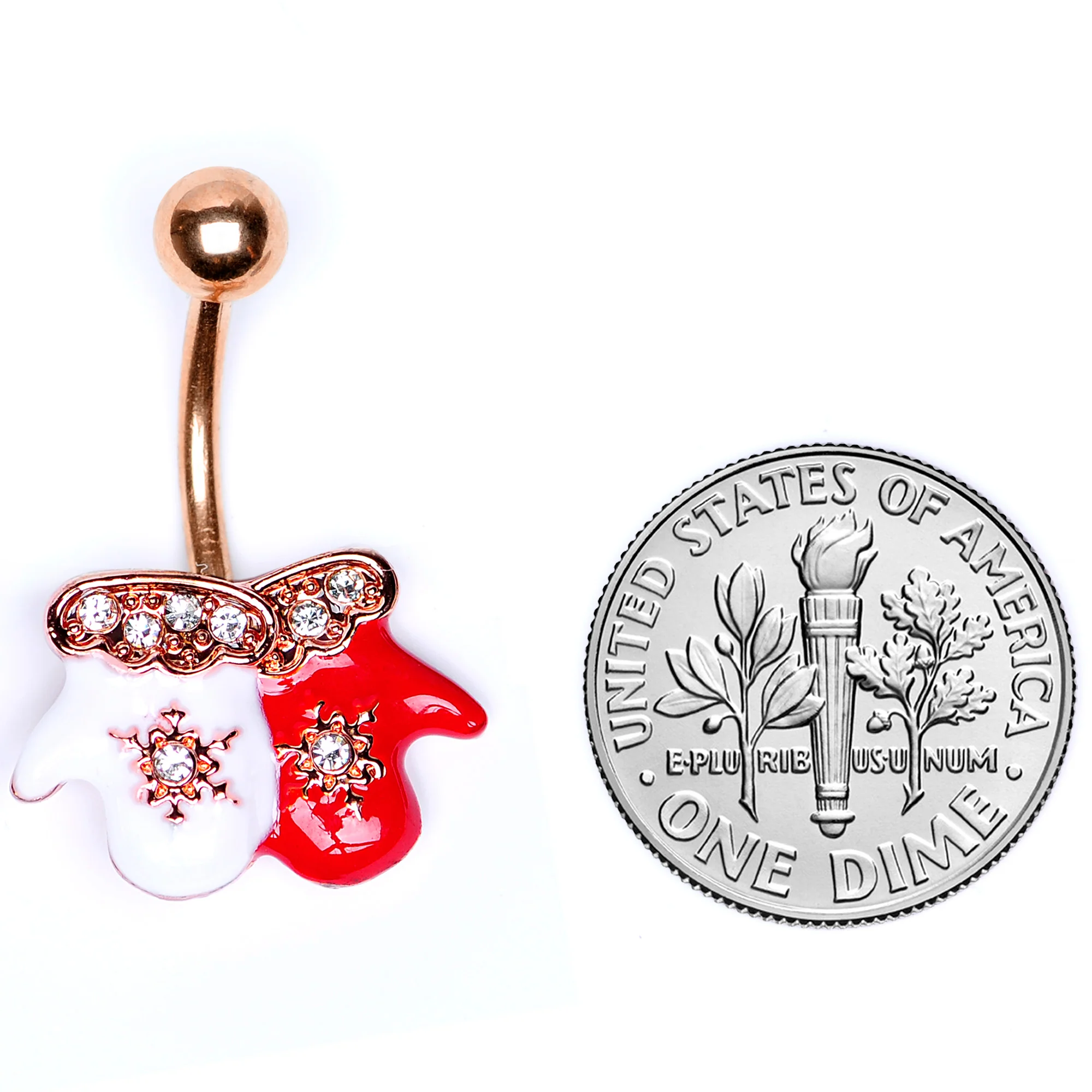 Clear Gem Rose Gold Tone Winter Mittens Snowflake Christmas Belly Ring - Image 6