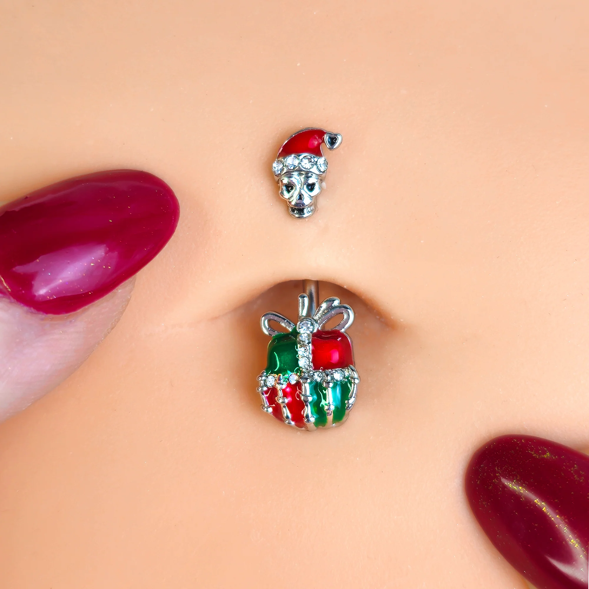 Clear Gem Santa Hat Skull Gift Hand Double Mount Belly Ring - Image 2