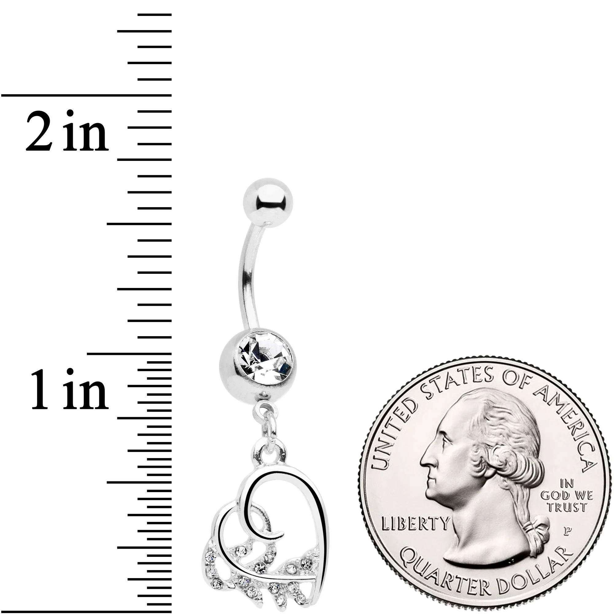 Clear Gem Scrolling Embellished Heart Dangle Belly Ring - Image 2