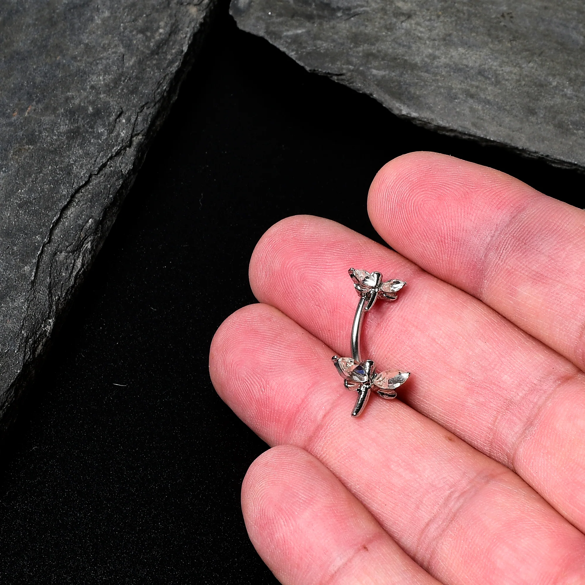Clear Gem Simple Stylized Dragonfly Double Mount Belly Ring - Image 7