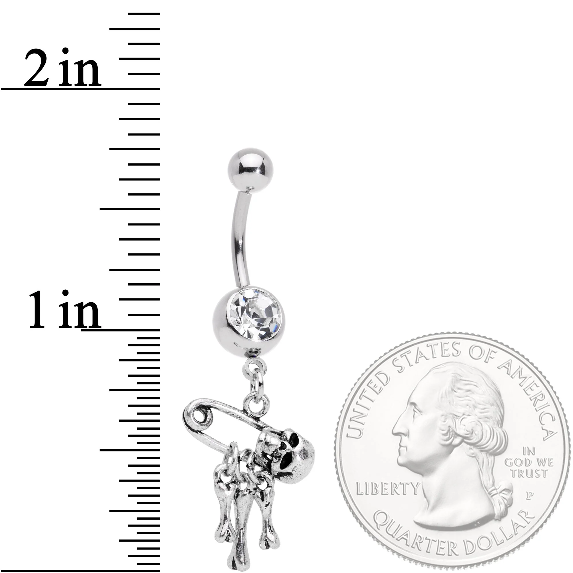 Clear Gem Skull Bones Safety Pin Halloween Dangle Belly Ring - Image 2