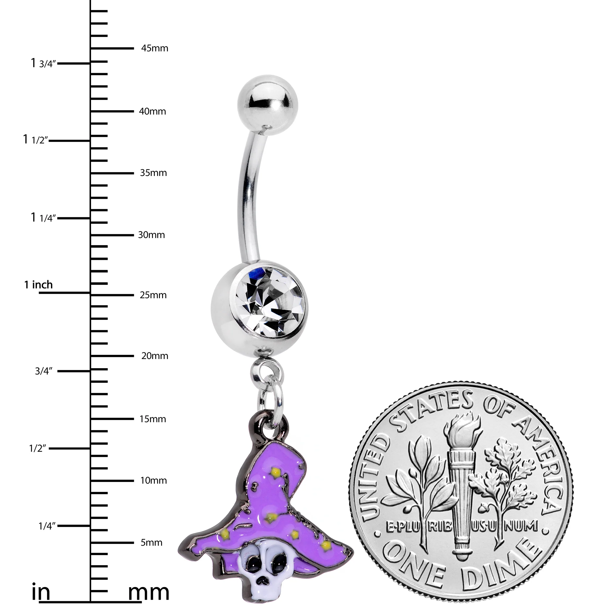 Clear Gem Skull Purple Witch Hat Halloween Dangle Belly Ring - Image 3