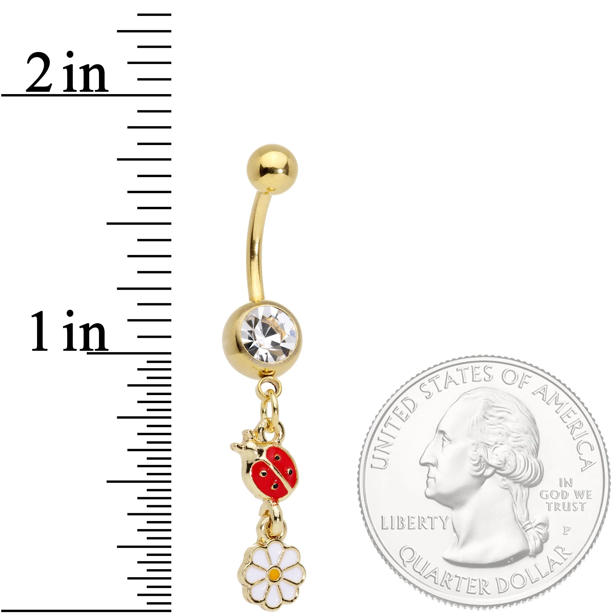 Clear Gem Spring Flower Lady Bug Gold Tone Dangle Belly Ring - Image 2