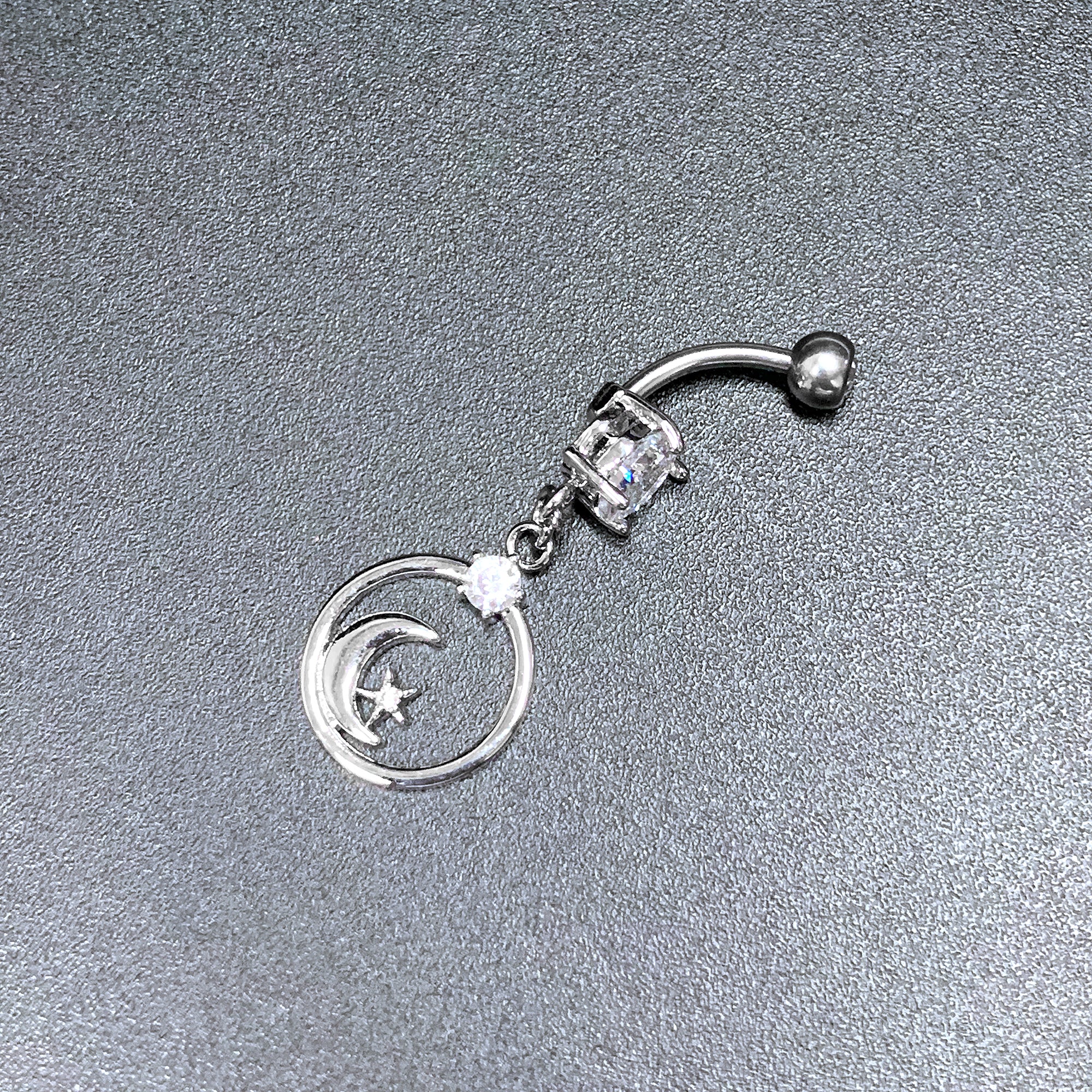 Clear Gem Star Crescent Moon Glamour Circle Dangle Belly Ring - Image 2