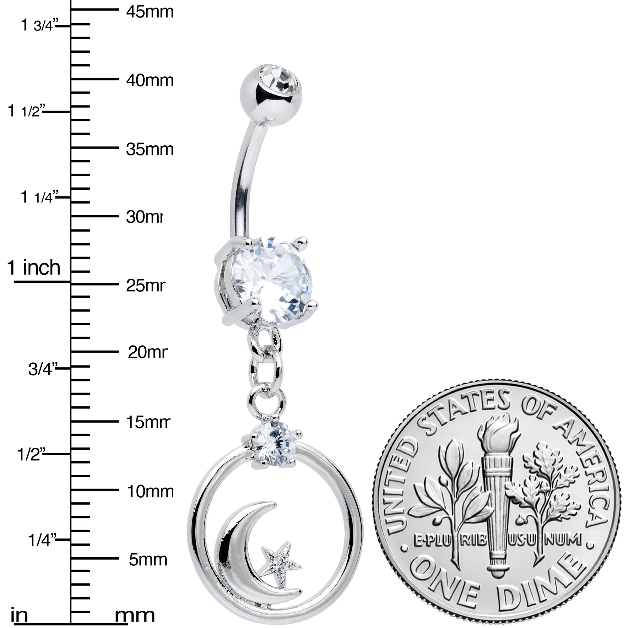 Clear Gem Star Crescent Moon Glamour Circle Dangle Belly Ring - Image 3