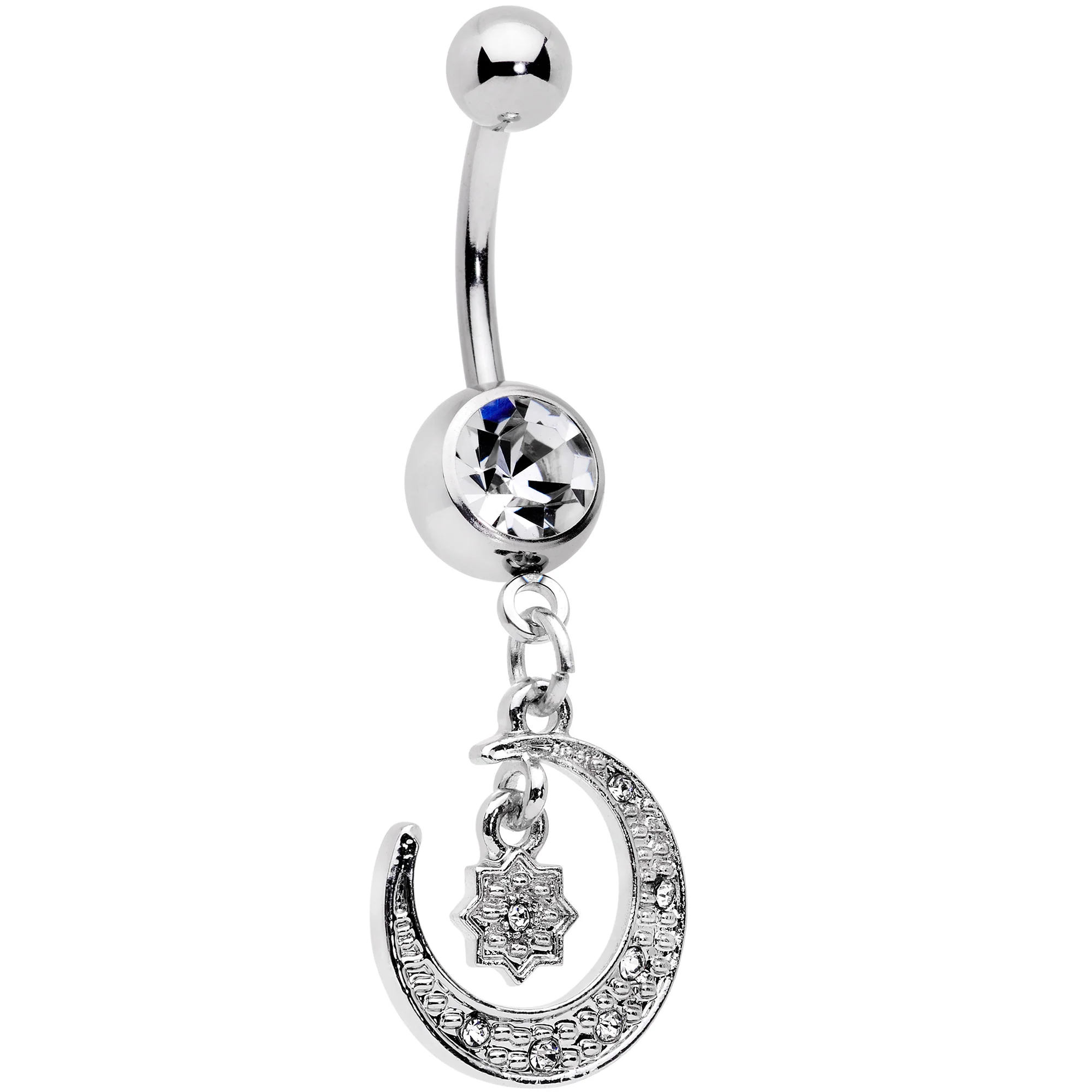 Clear Gem Starburst Crescent Moon Dangle Belly Ring Set of 2 - Image 2