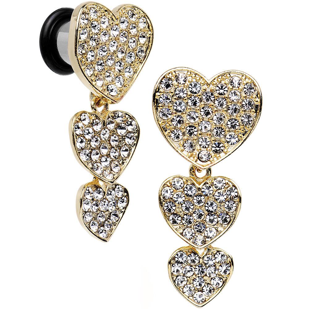 Clear Gem Steel Triple Heart Single Flare Dangle Plug Set Sizes 5mm to 00G - Image 3