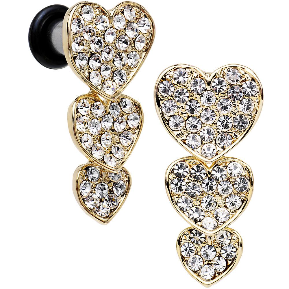 Clear Gem Steel Triple Heart Single Flare Dangle Plug Set Sizes 5mm to 00G - Image 4