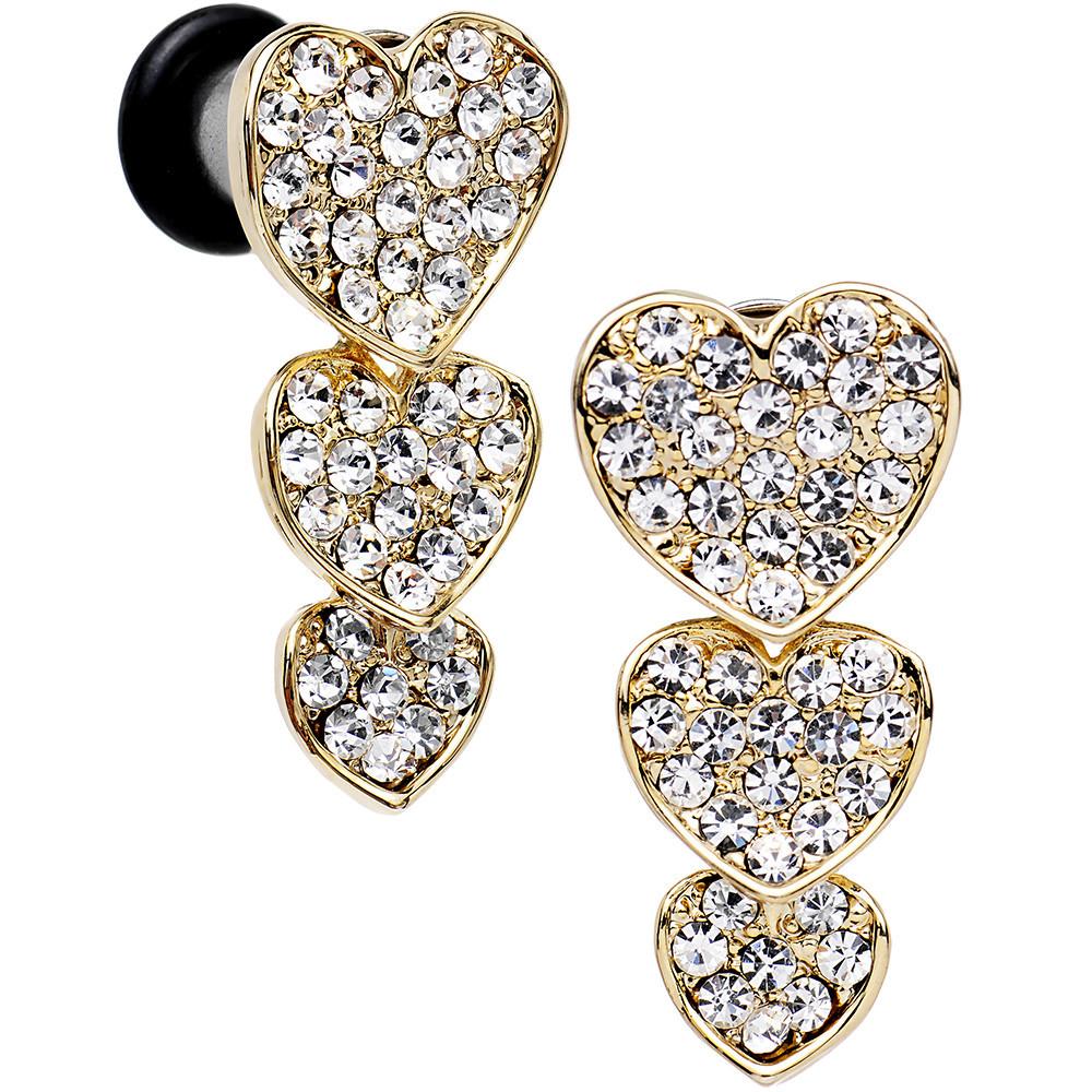 Clear Gem Steel Triple Heart Single Flare Dangle Plug Set Sizes 5mm to 00G - Image 5