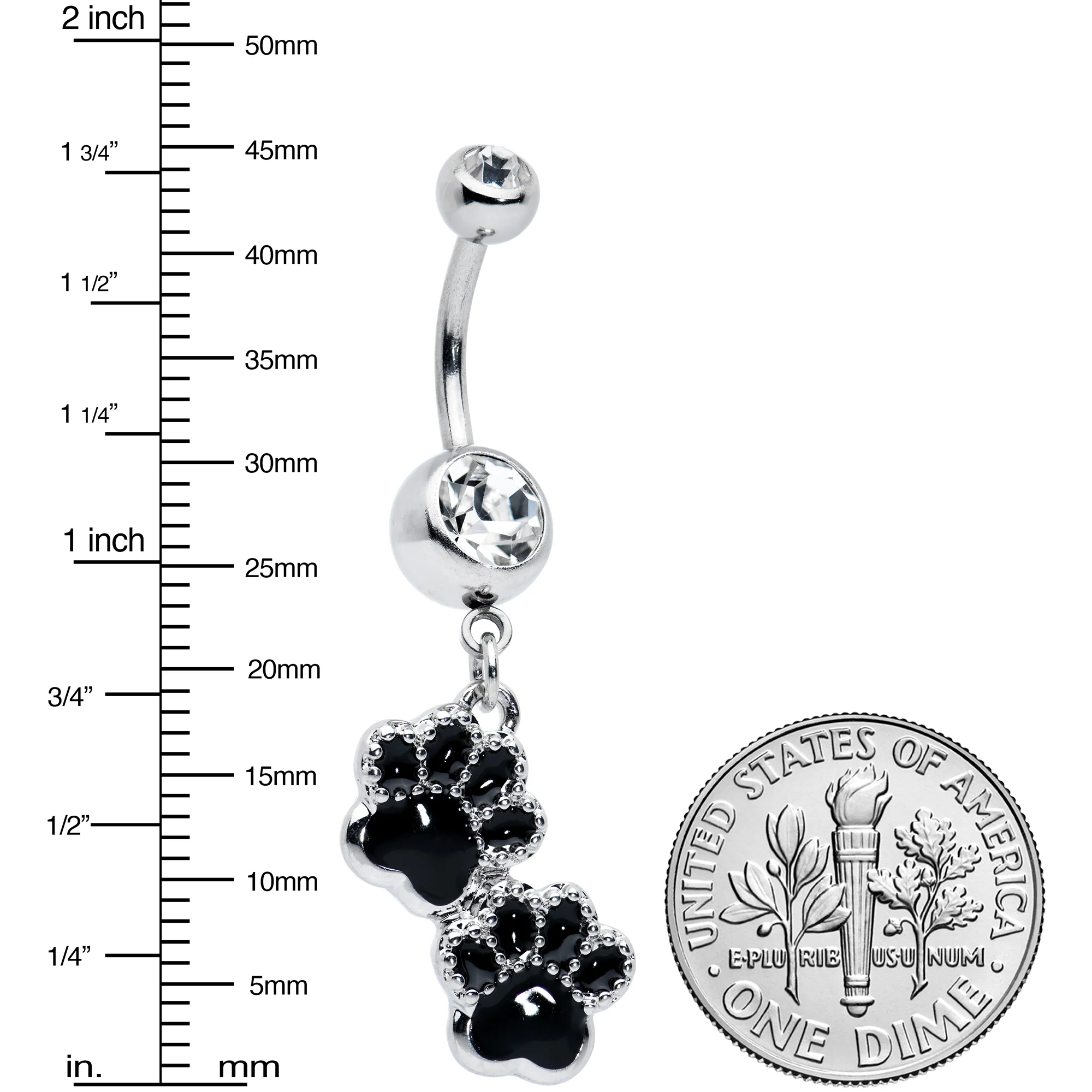 Clear Gem Textured Black Paw Print Dangle Belly Ring - Image 2