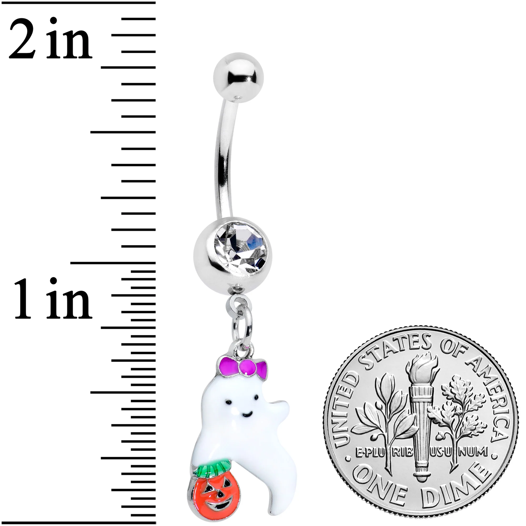 Clear Gem Trick or Treat Purple Bow Ghost Halloween Dangle Belly Ring - Image 2