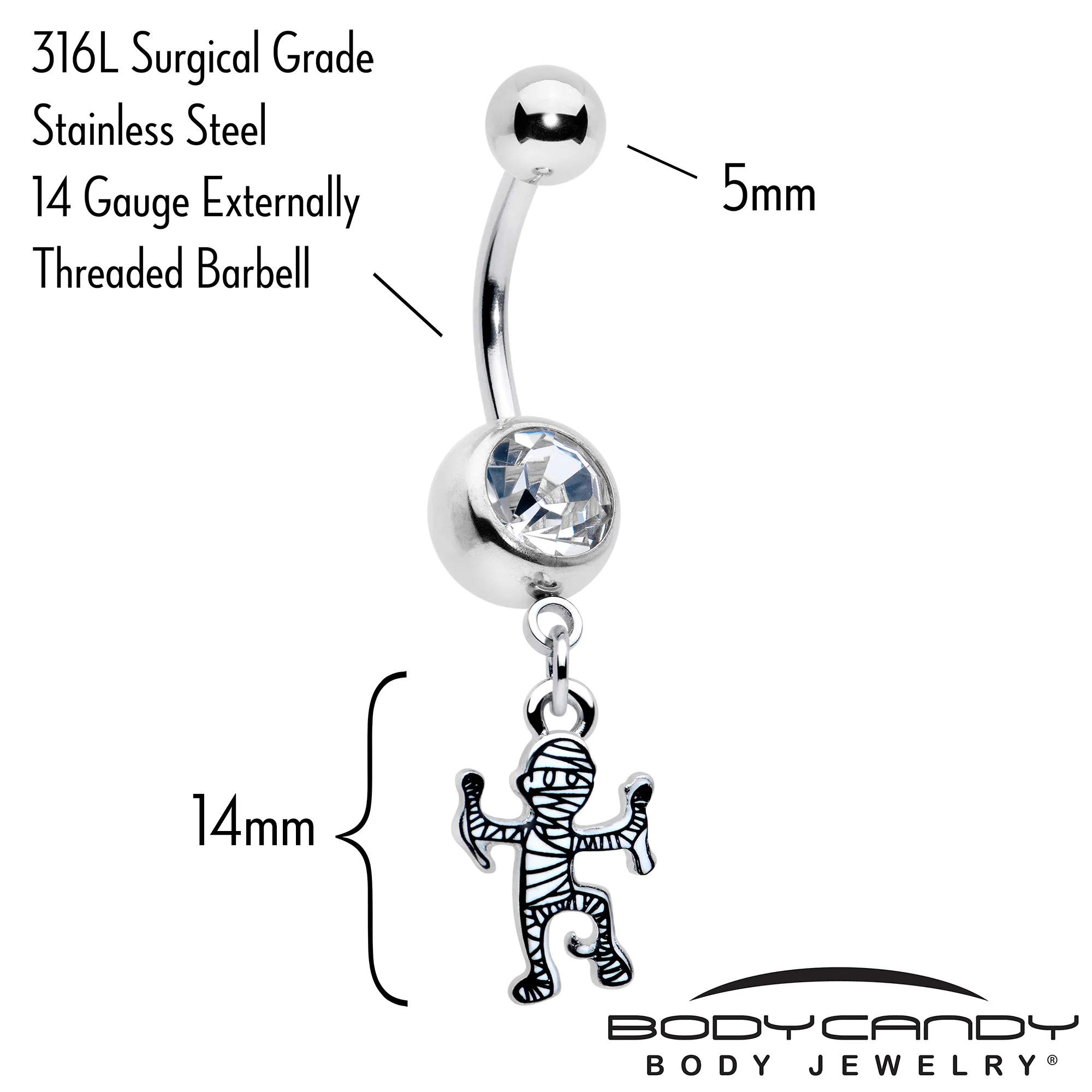 Clear Gem Two Tone Halloween Mummy Dangle Belly Ring - Image 2