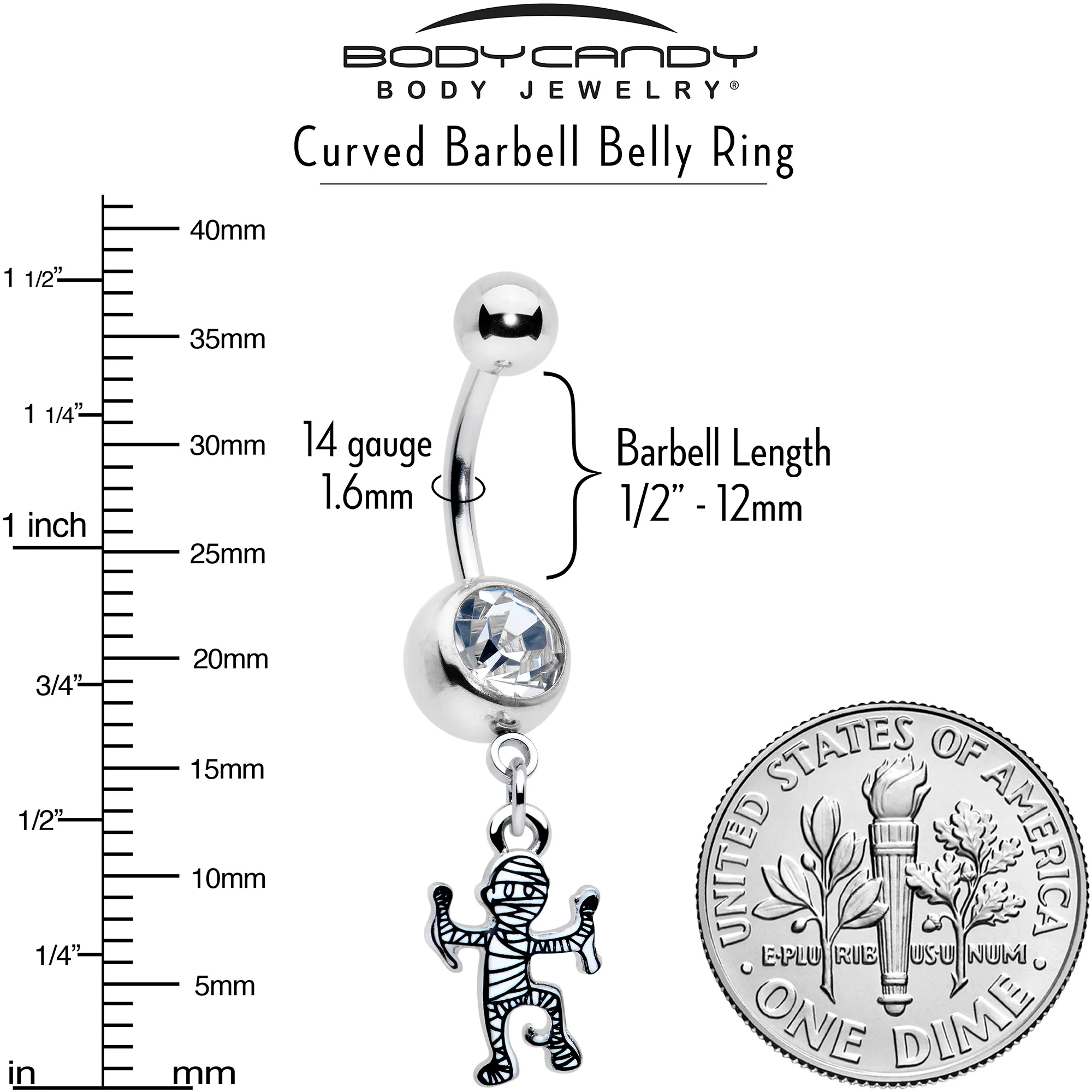 Clear Gem Two Tone Halloween Mummy Dangle Belly Ring - Image 3