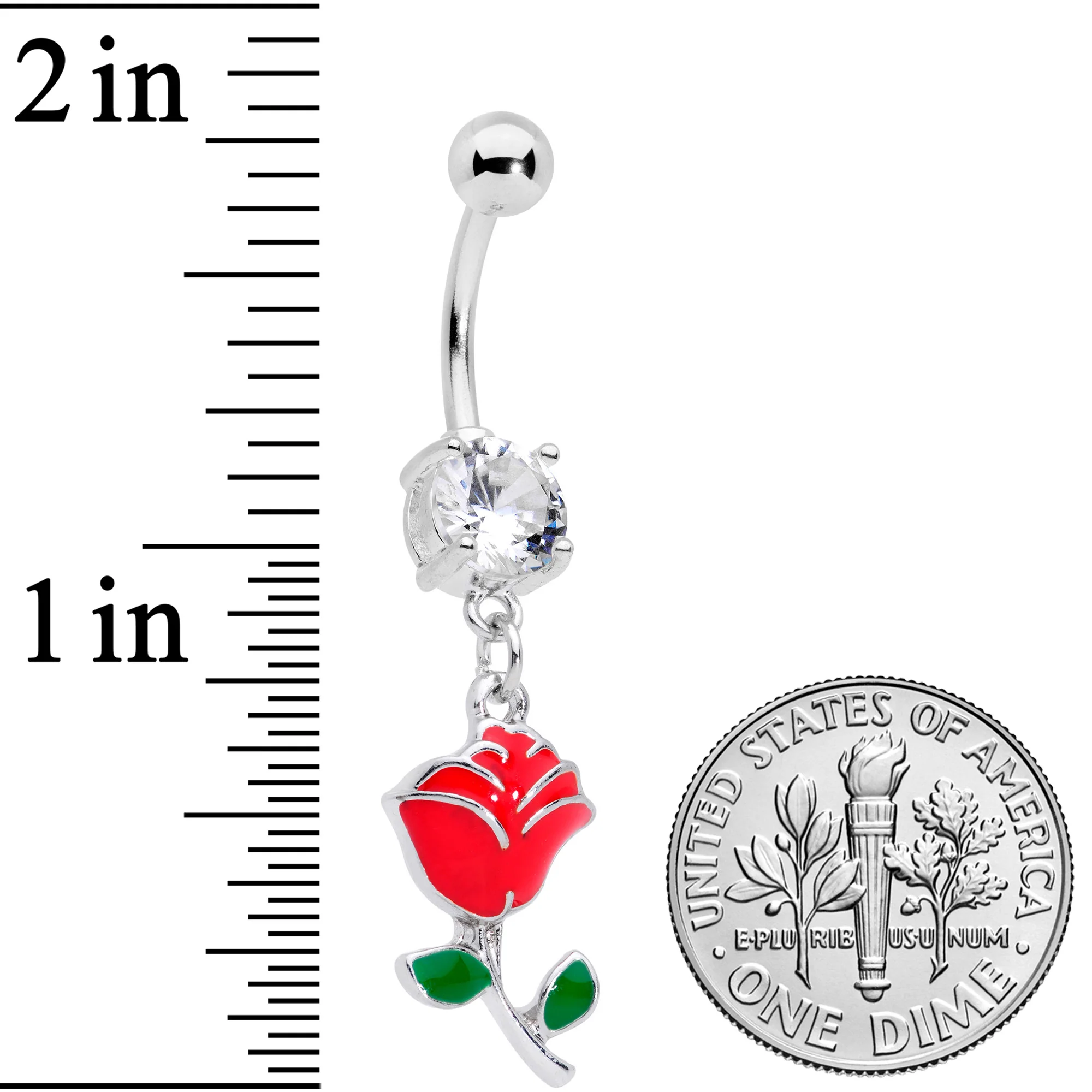 Clear Gem Valentines Day Red Rose Dangle Belly Ring - Image 2