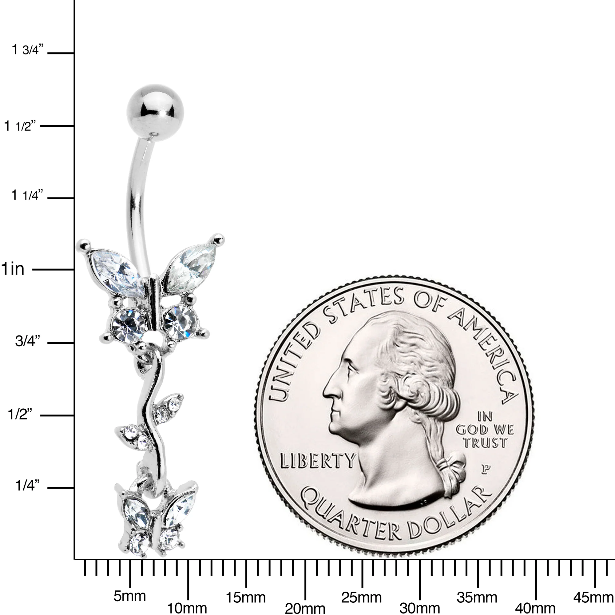Clear Gem Vine Butterfly Dangle Belly Ring - Image 2