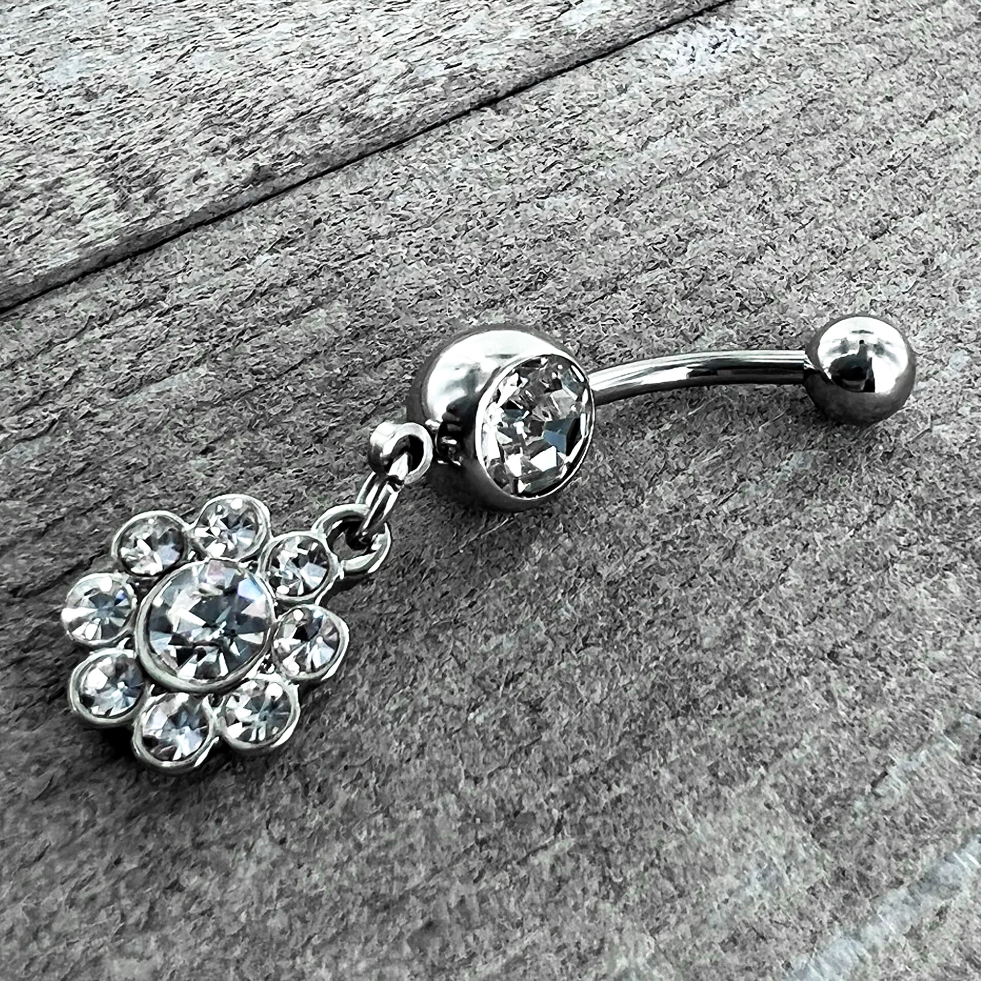 Clear Gem Whimsy Flower Dangle Belly Ring - Image 4