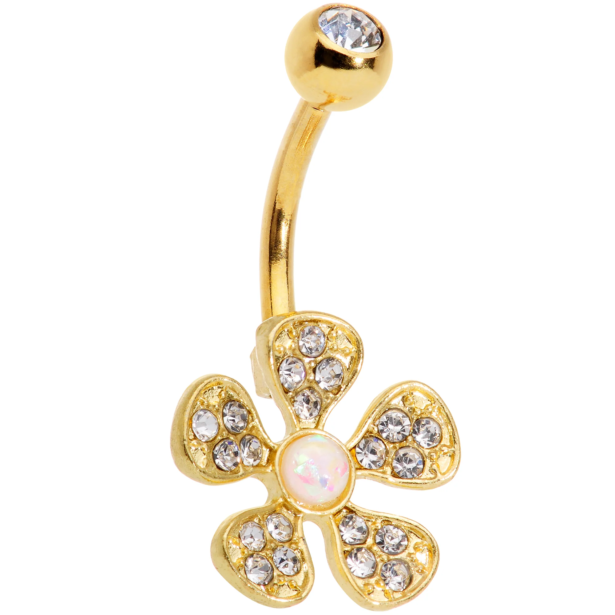 Clear Gem White Faux Opal Flower Gold Tone Belly Ring Set of 3 - Image 2