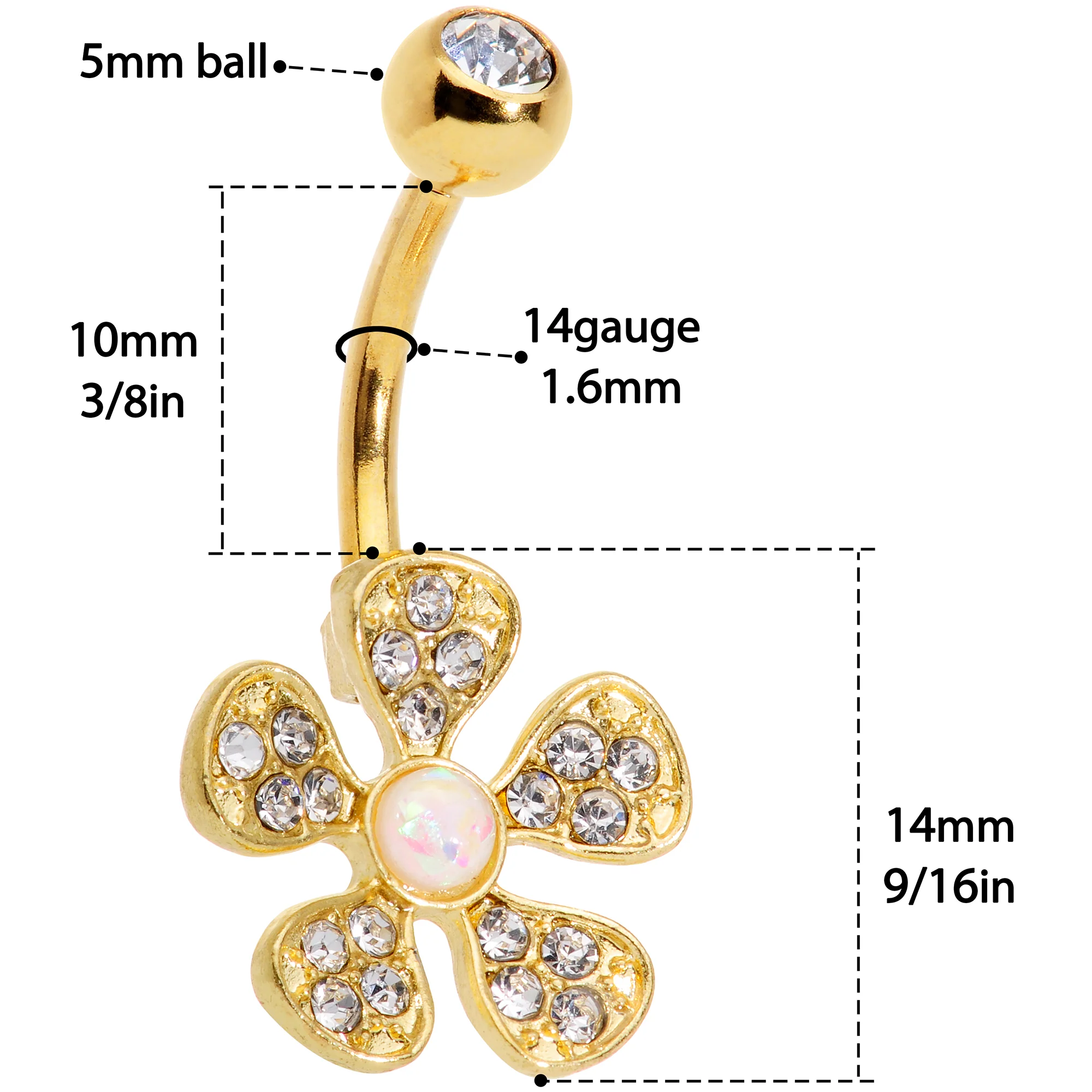 Clear Gem White Faux Opal Flower Gold Tone Belly Ring Set of 3 - Image 5