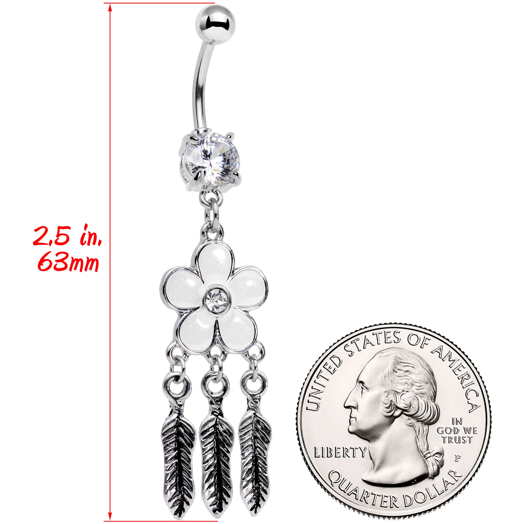Clear Gem White Flower Feathers Dreamcatcher Dangle Belly Ring - Image 2