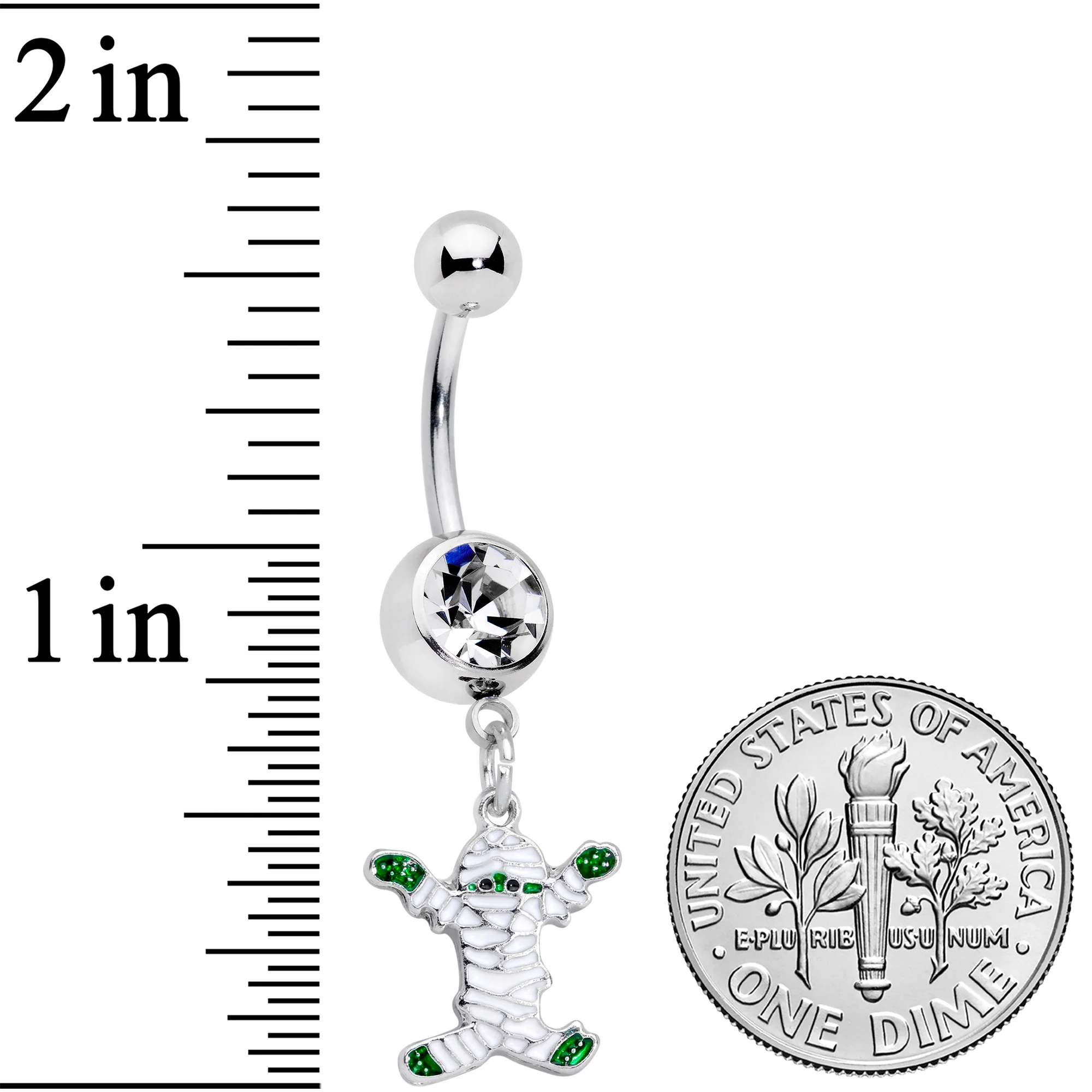 Clear Gem White Green Mummy Halloween Dangle Belly Ring - Image 2