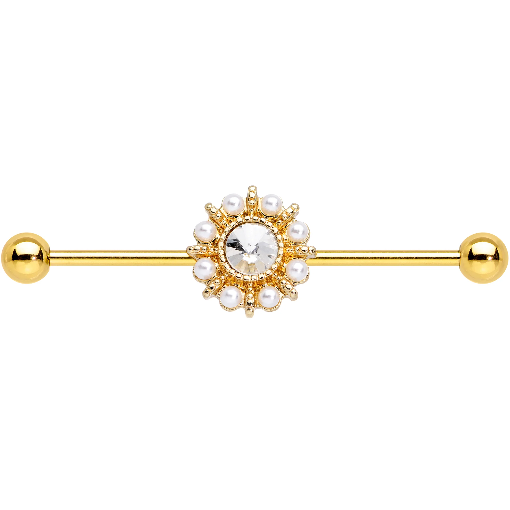 Clear Gem White Orb Gold PVD Sun Wheel Industrial Barbell 38mm - Image 2