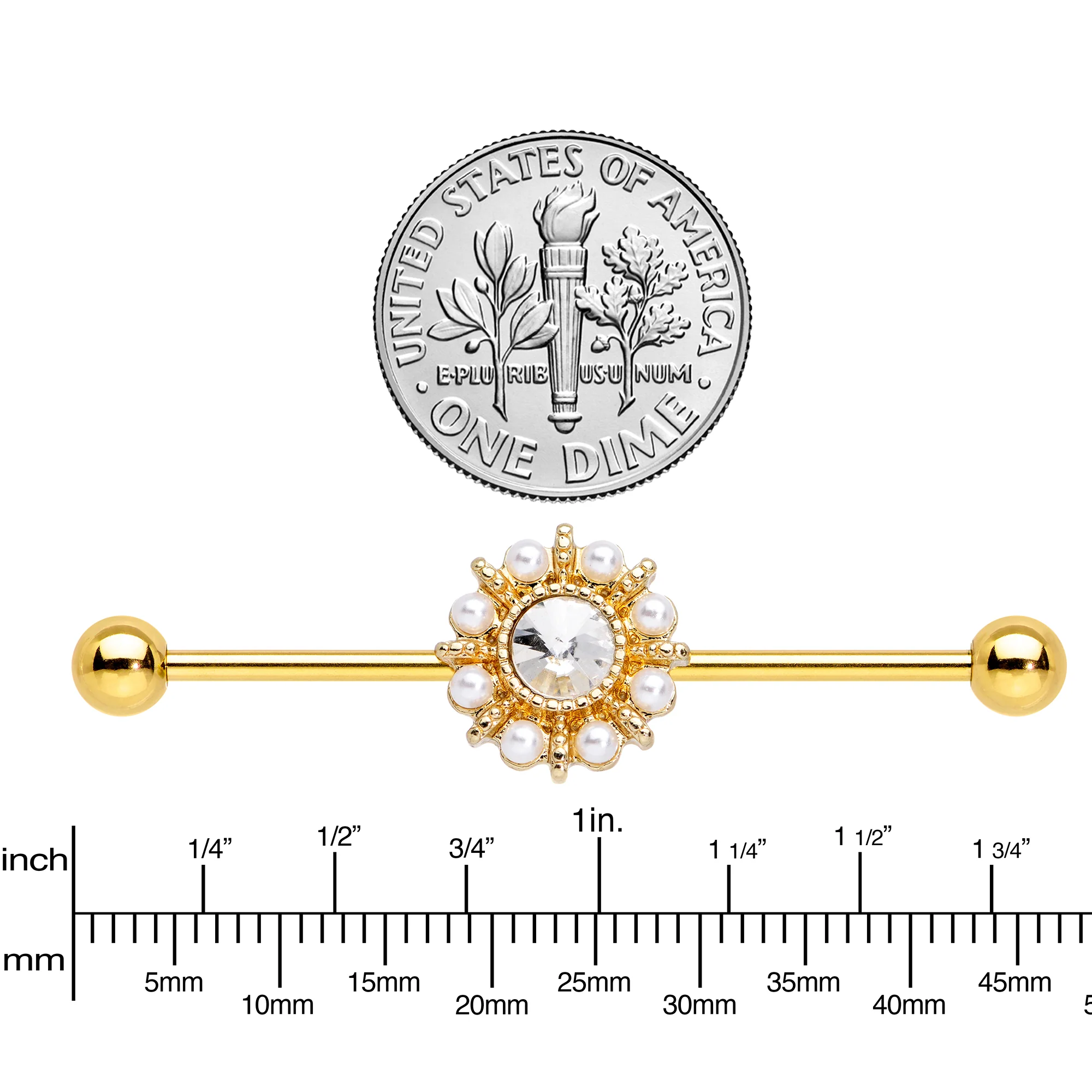 Clear Gem White Orb Gold PVD Sun Wheel Industrial Barbell 38mm - Image 3
