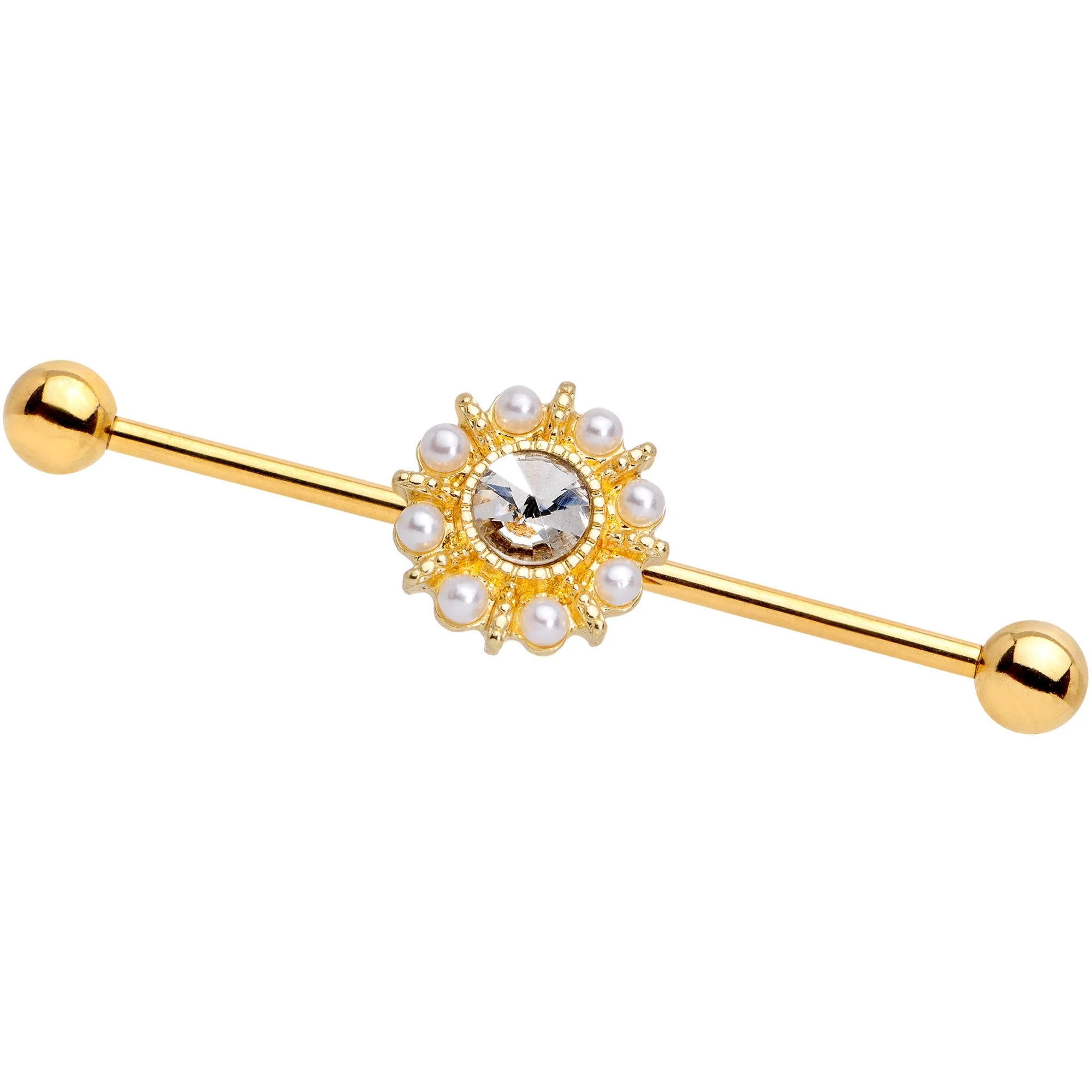 Clear Gem White Orb Gold PVD Sun Wheel Industrial Barbell 38mm - Image 4