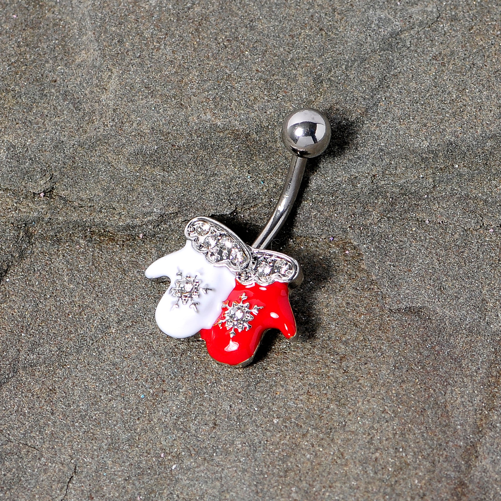 Clear Gem Winter Mittens Snowflake Christmas Belly Ring - Image 2