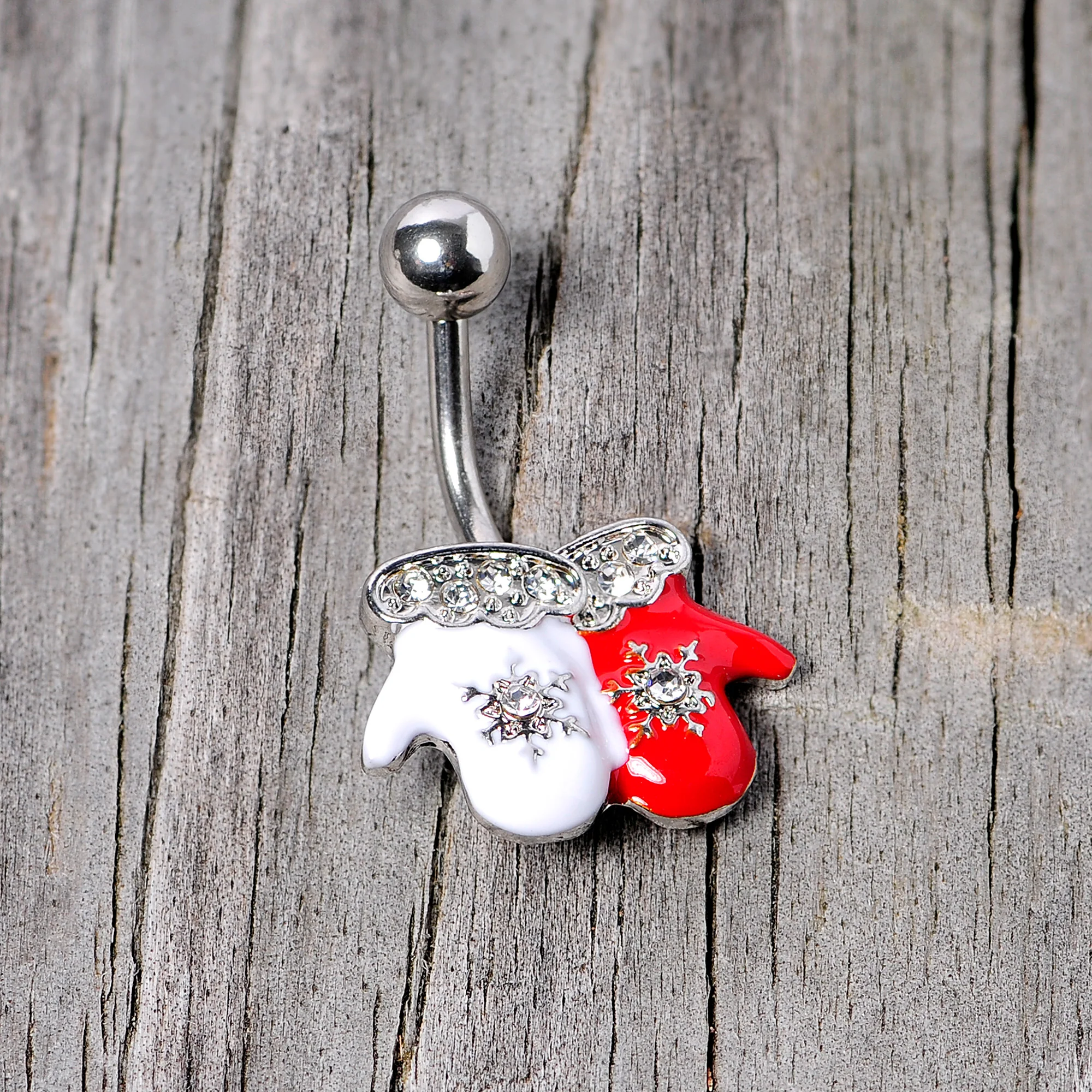 Clear Gem Winter Mittens Snowflake Christmas Belly Ring - Image 3