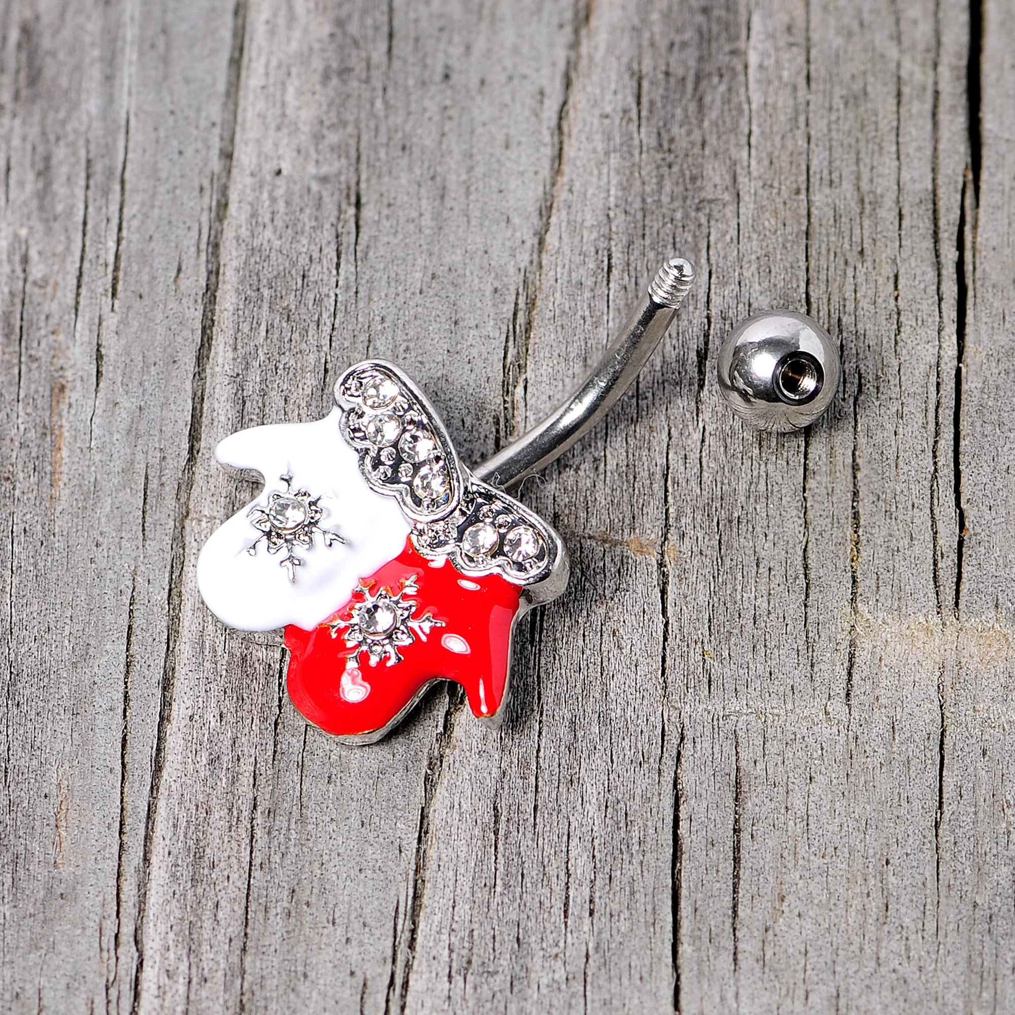 Clear Gem Winter Mittens Snowflake Christmas Belly Ring - Image 4