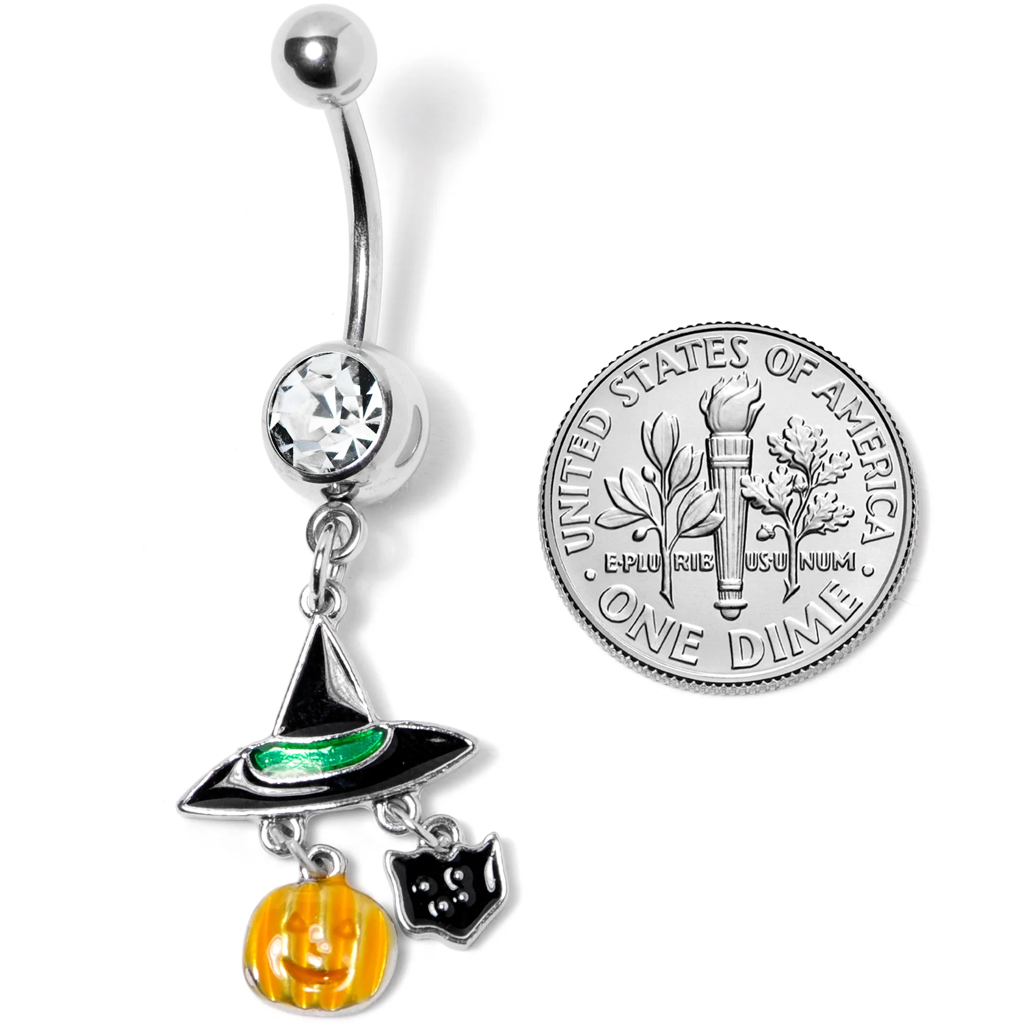 Clear Gem Witch Hat Bat Orange Pumpkin Halloween Dangle Belly Ring - Image 2