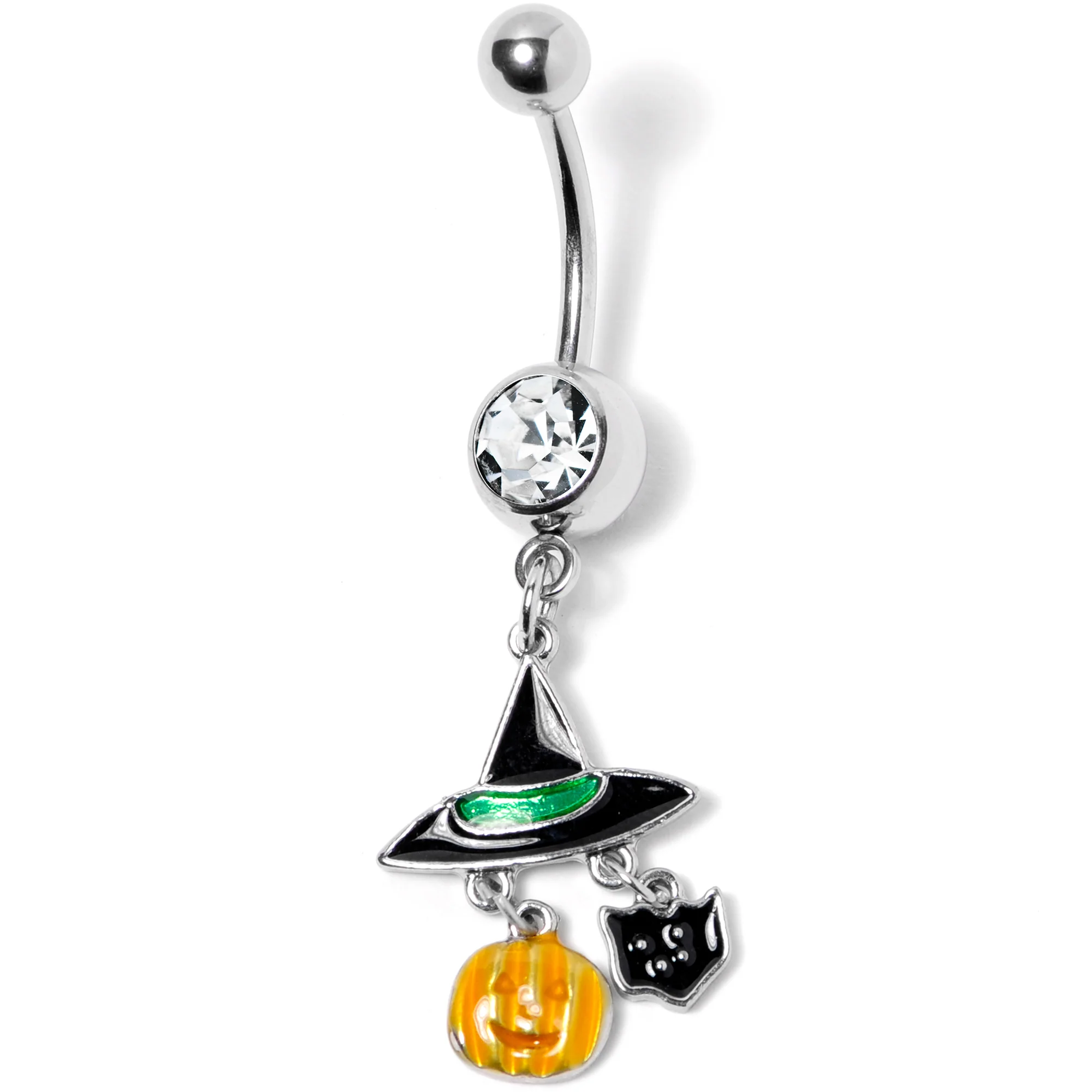 Clear Gem Witch Hat Bat Orange Pumpkin Halloween Dangle Belly Ring - Image 3