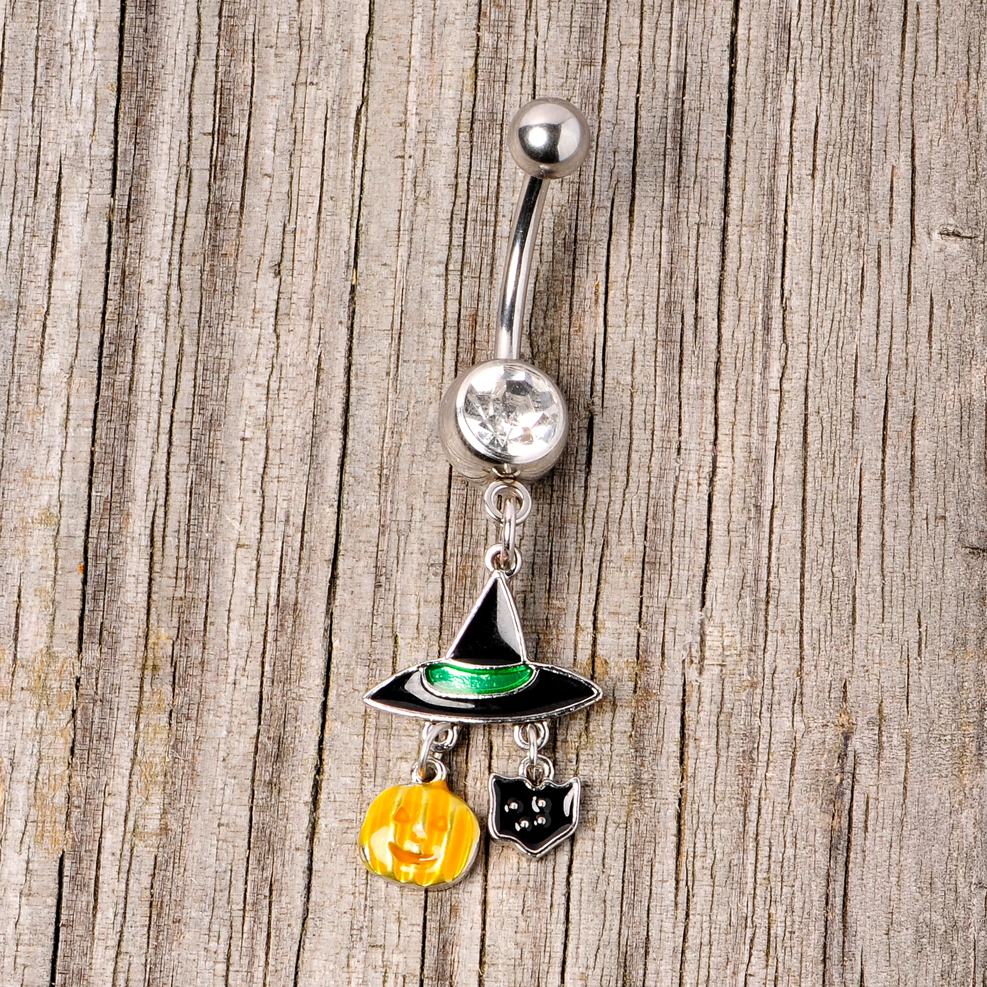Clear Gem Witch Hat Bat Orange Pumpkin Halloween Dangle Belly Ring - Image 4