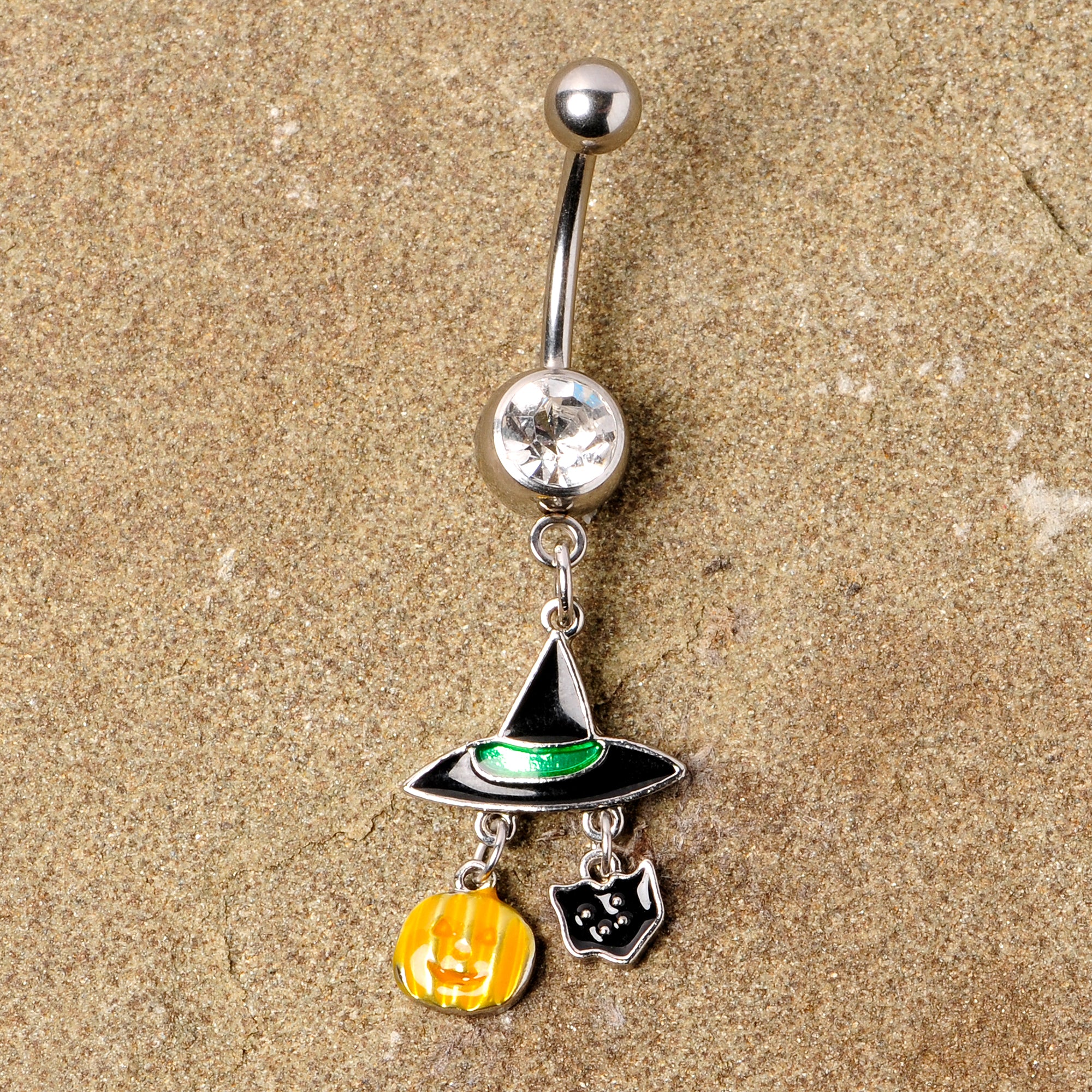 Clear Gem Witch Hat Bat Orange Pumpkin Halloween Dangle Belly Ring - Image 5