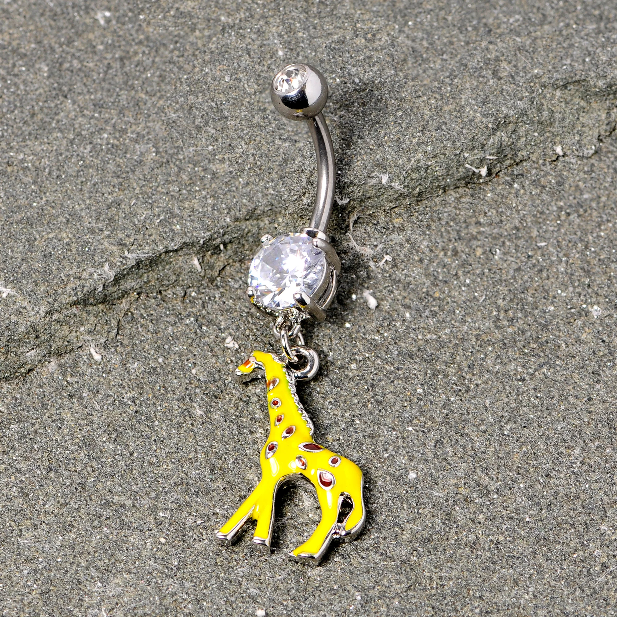 Clear Gem Yellow Brown Giraffe Dangle Belly Ring - Image 3