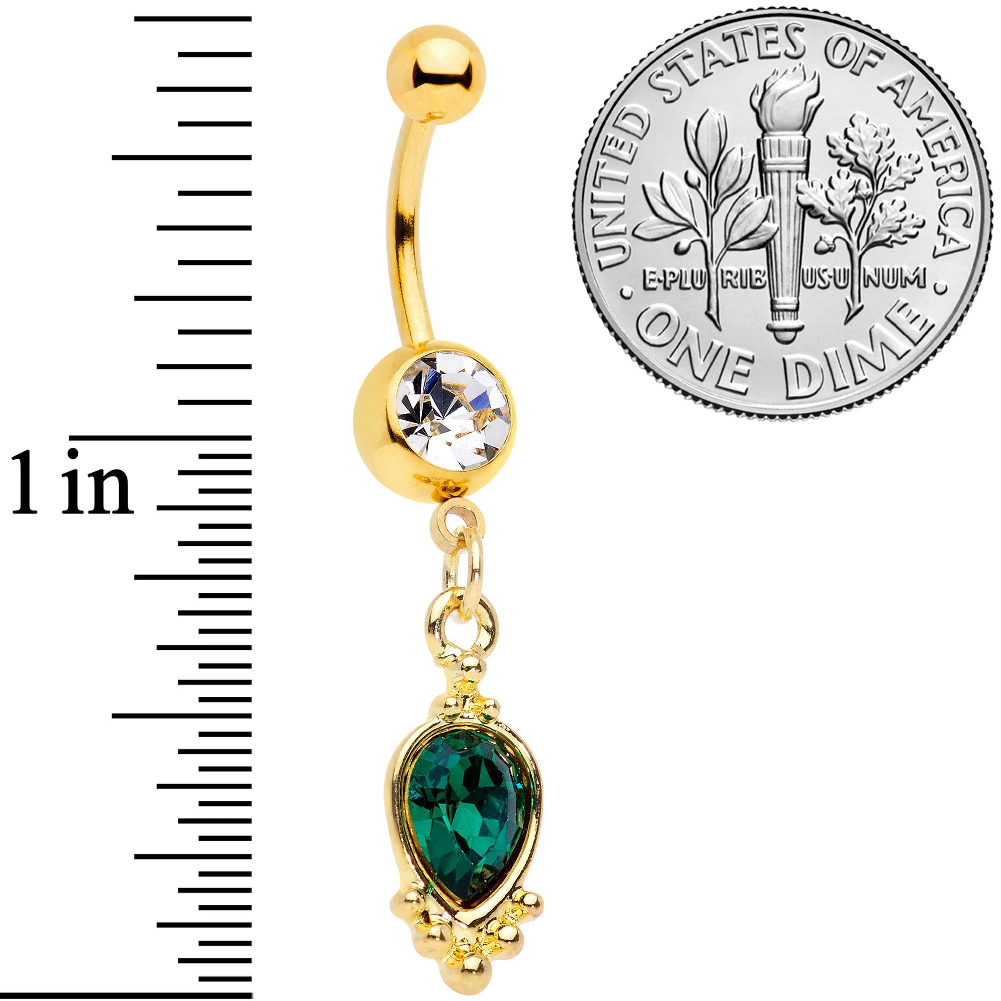 Clear Green Gem Gold Tone Christmas Dangle Belly Ring - Image 6