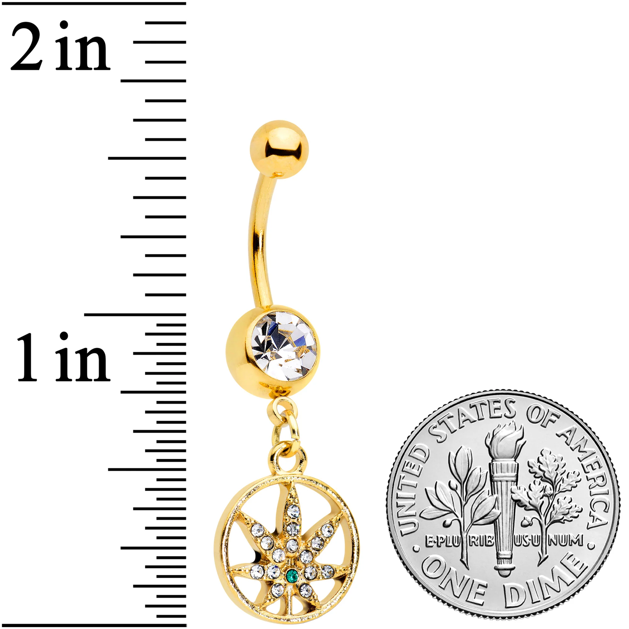 Clear Green Gem Gold Tone Circle Pot Leaf Dangle Belly Ring - Image 2
