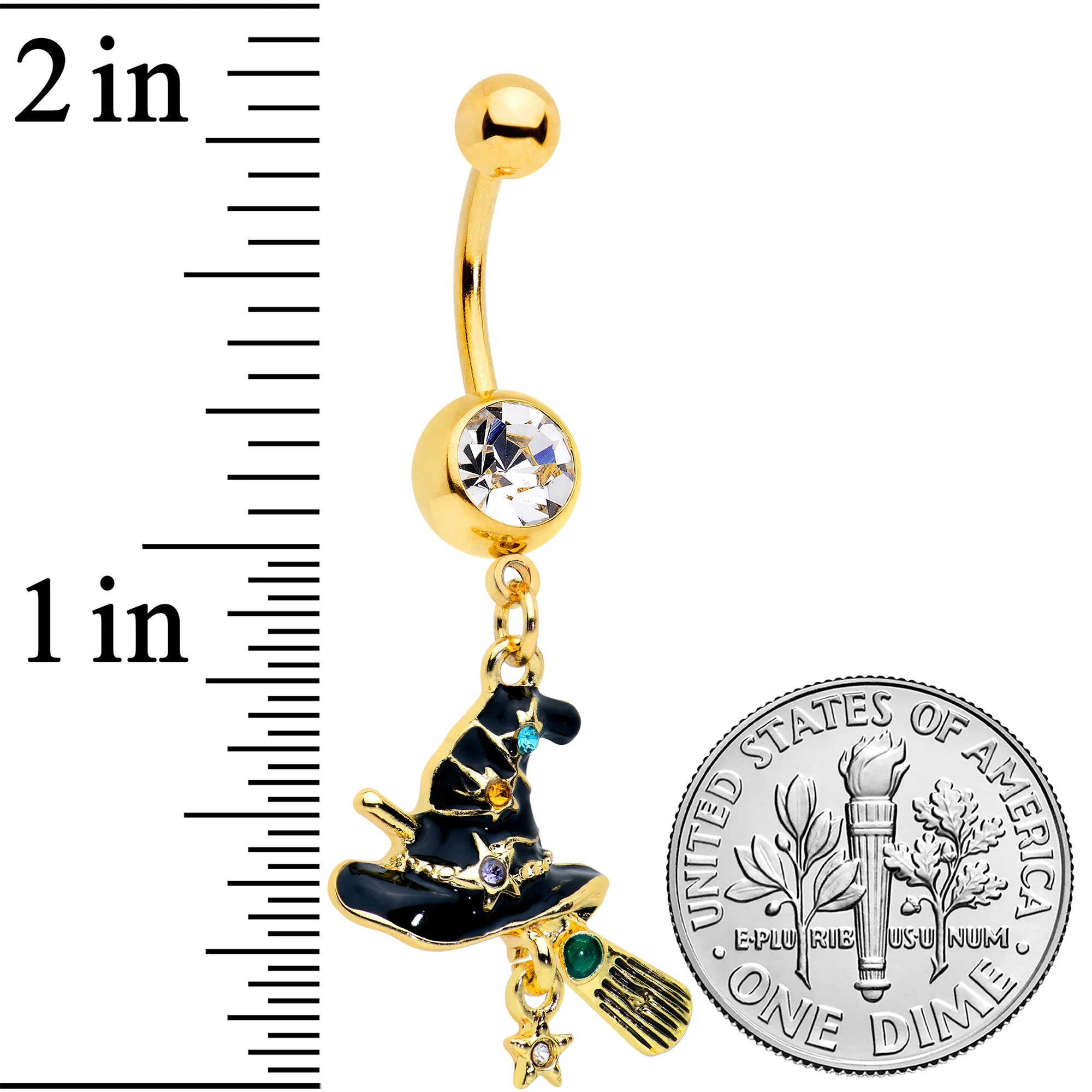 Clear Green Gem Gold Tone Witch Hat Broom Halloween Dangle Belly Ring - Image 2