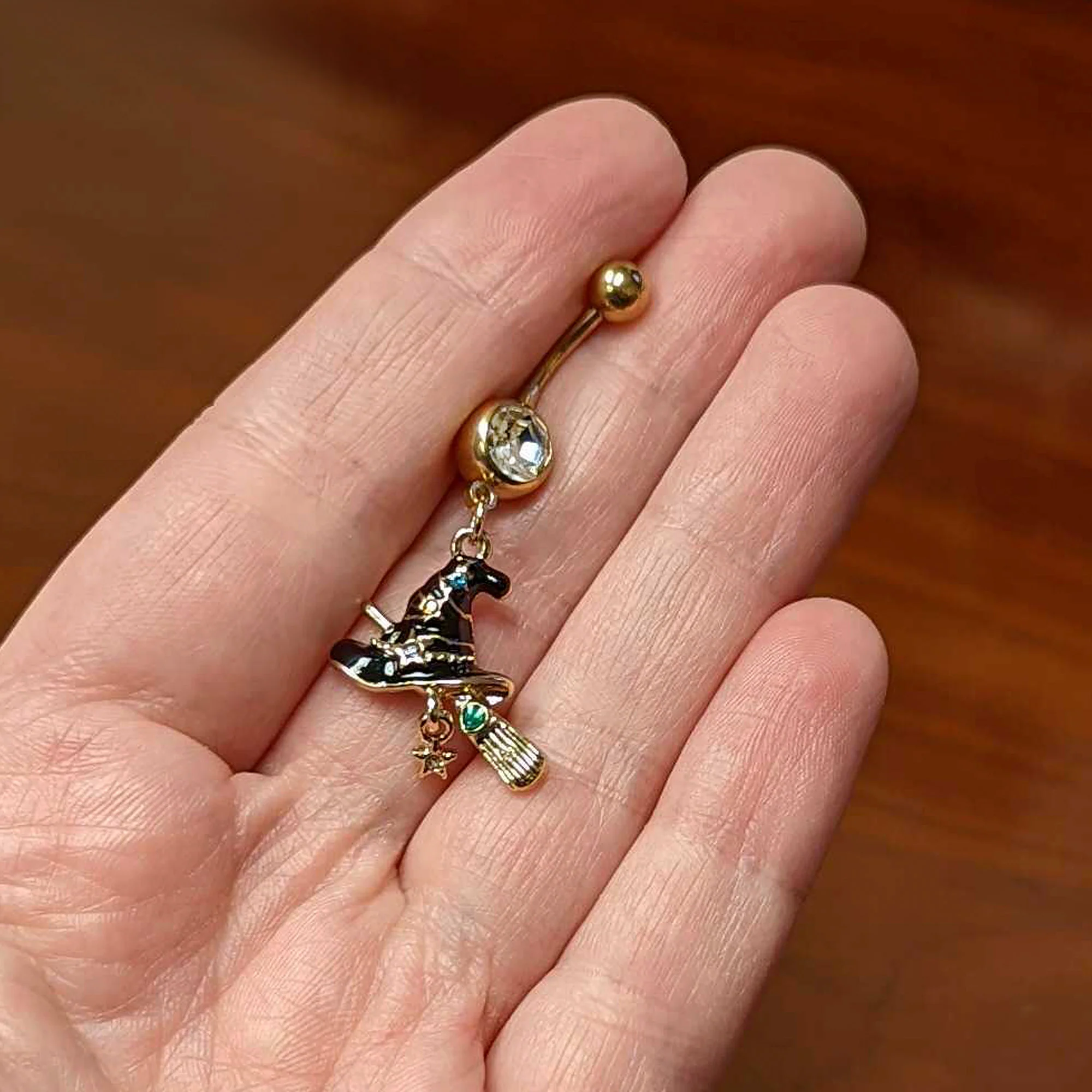 Clear Green Gem Gold Tone Witch Hat Broom Halloween Dangle Belly Ring - Image 3