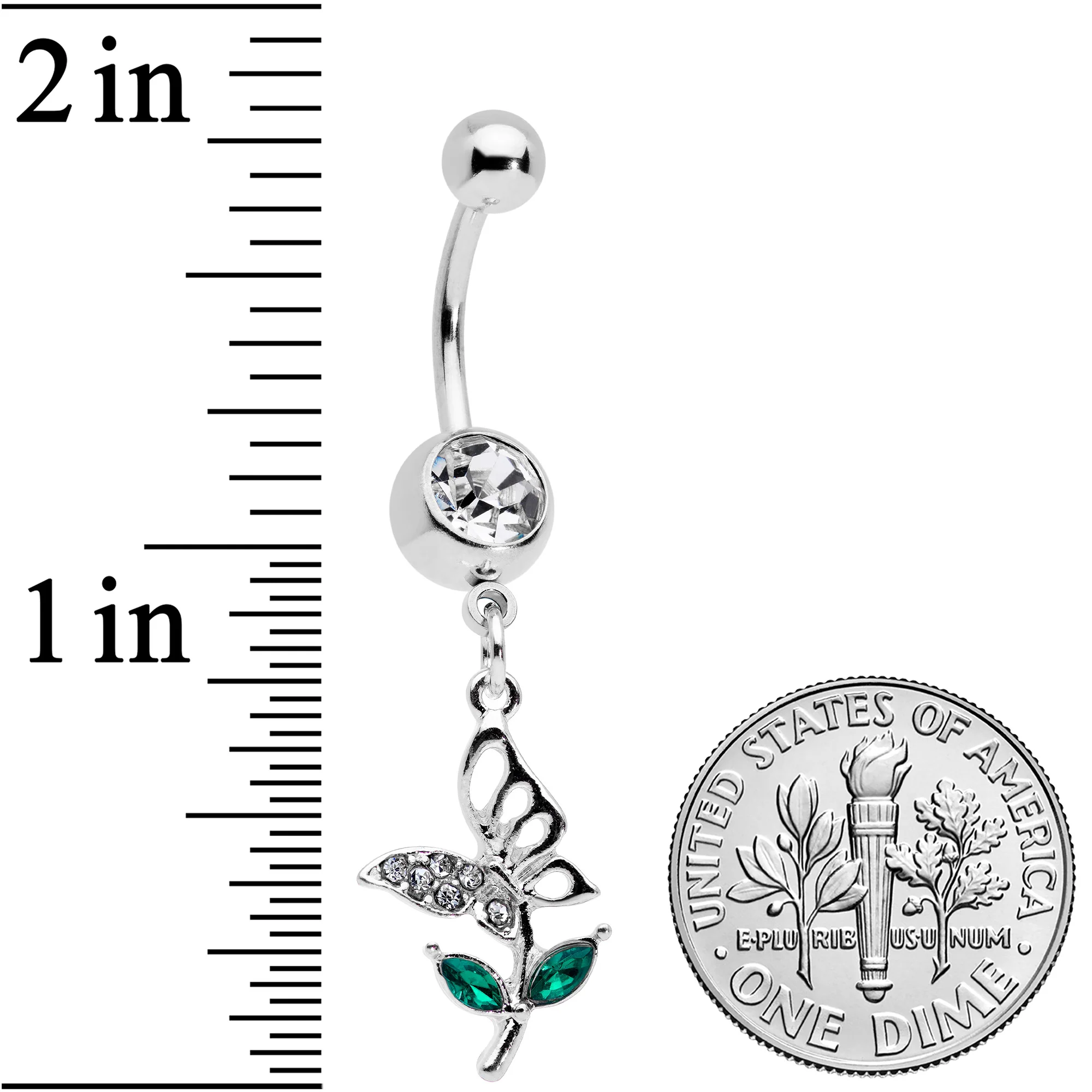 Clear Green Gem Perching Floral Butterfly Dangle Belly Ring - Image 2