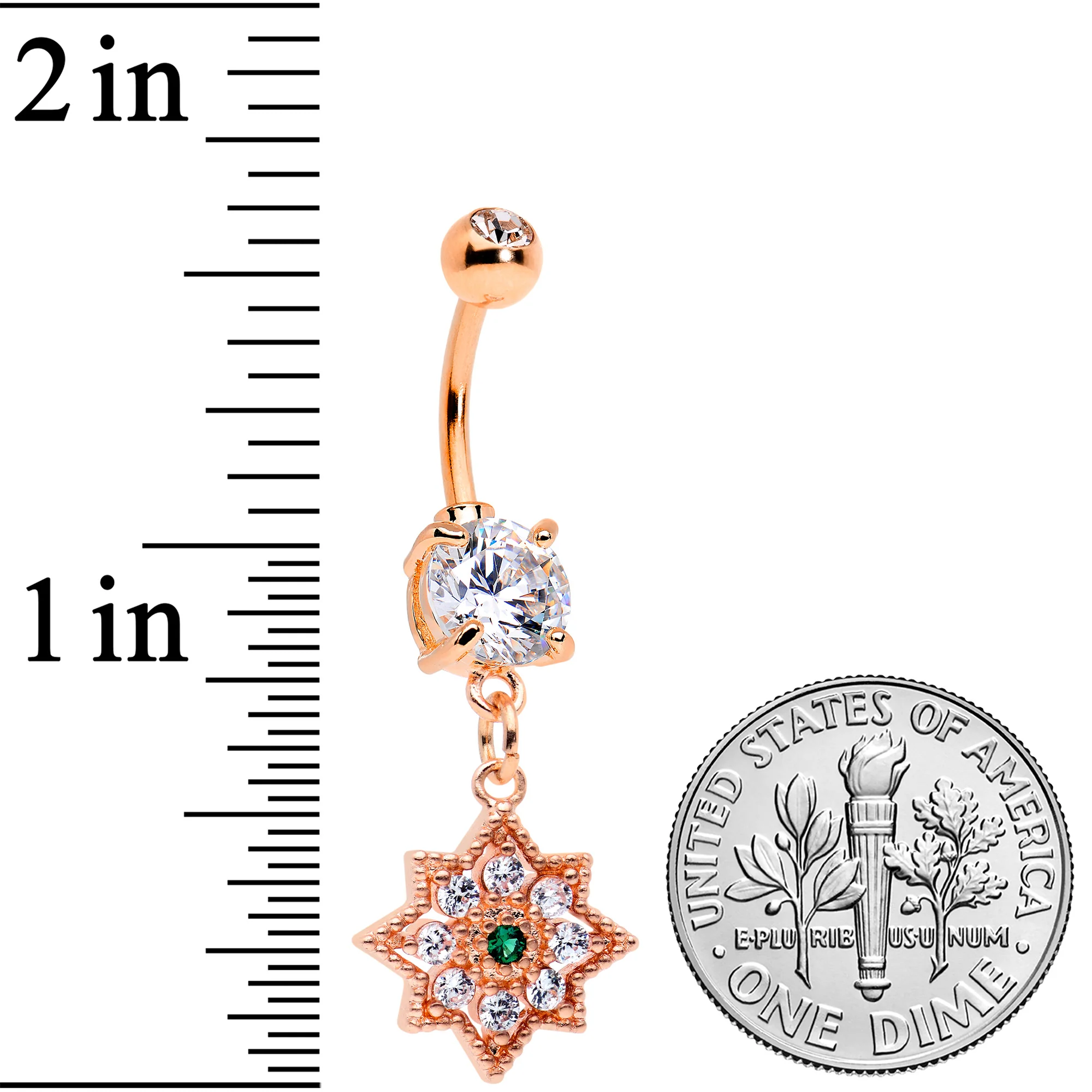 Clear Green Gem Rose Gold Tone Evening Star Dangle Belly Ring - Image 2