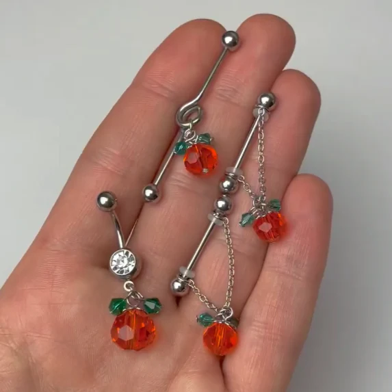 Clear Green Orange Gem Pumpkin Halloween Dangle Belly Ring - Image 2