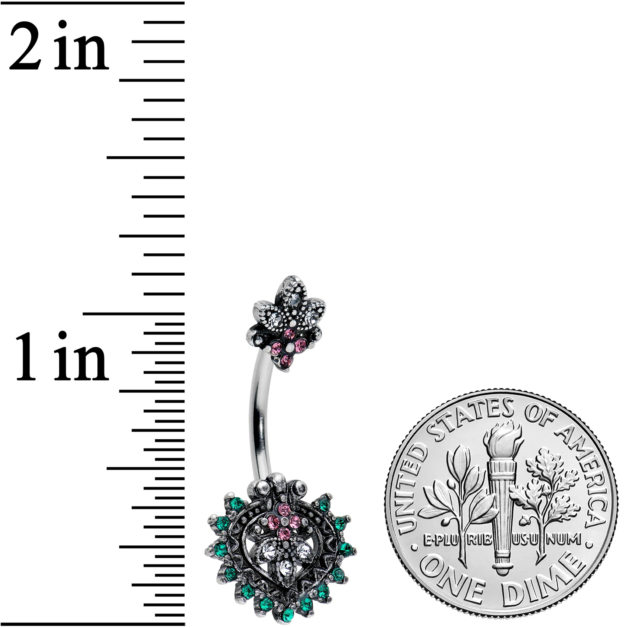 Clear Green Pink Gem Abstract Opulence Double Mount Belly Ring - Image 2